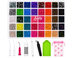 Aventry® Bedazzle Kit (met Veilige Strass Lijm & Metalen Precisietip) – 40 Kleuren Strasssteentjes & Rhinestones – 32.000 Stuks – Complete Bedazzling Set met Pincet, Wax Potlood en Sorteerbakje