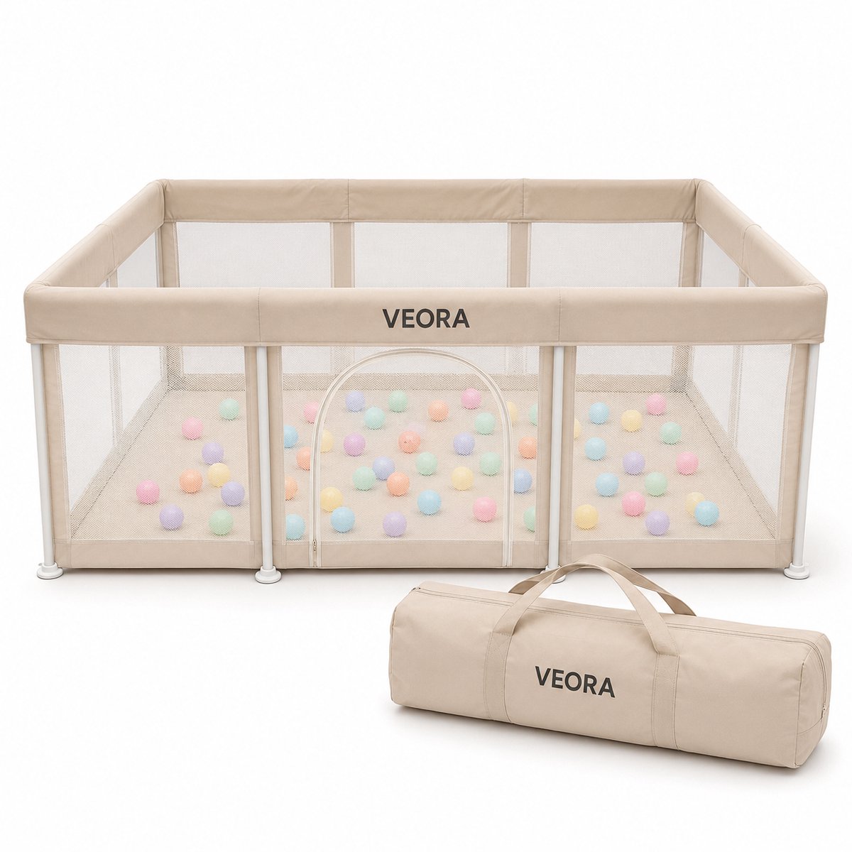 Veora® Inklapbare Grondbox Baby 120 x 180 cm - Inclusief 1 cm Speelmat, 50 Speelballen en Draagtas - Opvouwbare Babybox - Beige