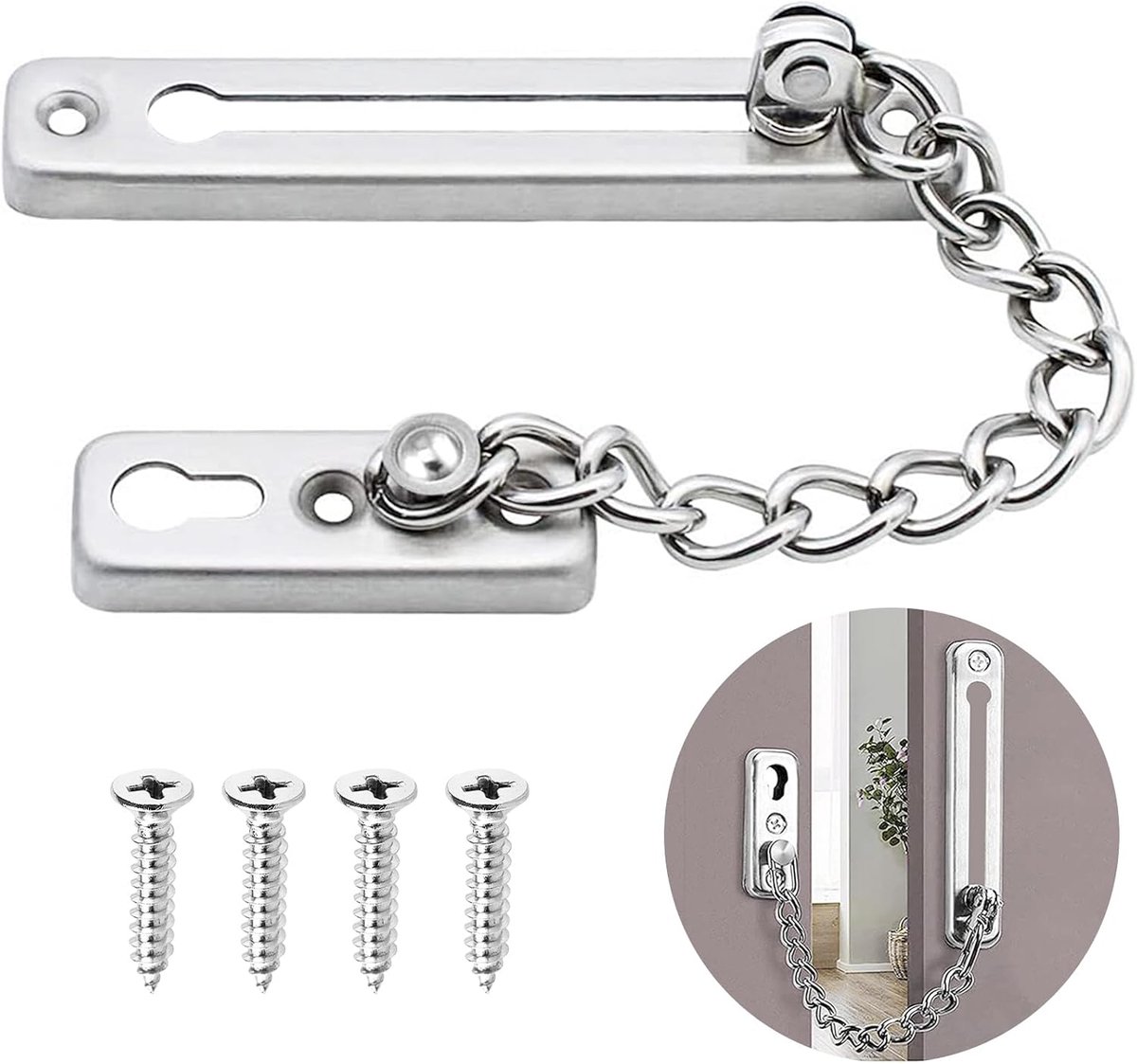 SnelShoppen - Deurketting Roestvrij Staal, Deurveiligheidsketting, Duurzaam Kettingslot met Schroeven voor Hotel, Familie, Binnendeuren en Ramen - Zil