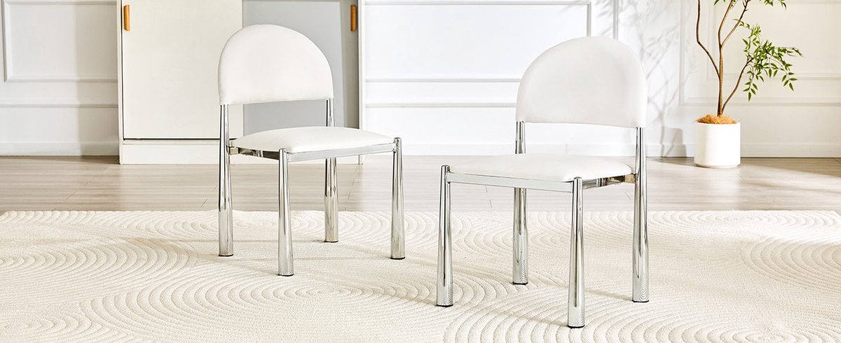 MEUNIQ set van 2 eetkamerstoelen 80 cm hoog met halfronde gevoerde rugleuning, kunstleren zitting en metalen poten, wit, voor eetkamer of keuken