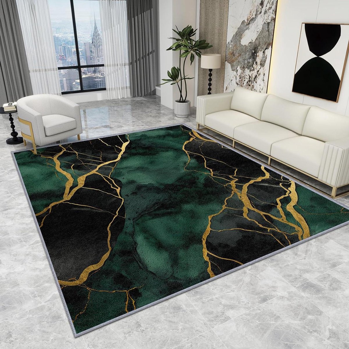 Luxe Vloerkleed - Abstract Tapijt - Woonkamer Decoratie - Antislip Onderkant - 200 x 290 cm - Smaragdgroen Goud Zwart