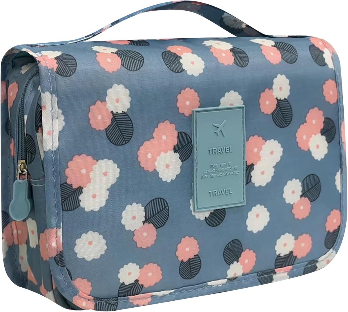 Thijox - Toilettas voor op reis - Hangende toilettas voor dames en kinderen - Ruime make-uptas, cosmetica- en wastas - Waterdicht, blauw met bloemen -