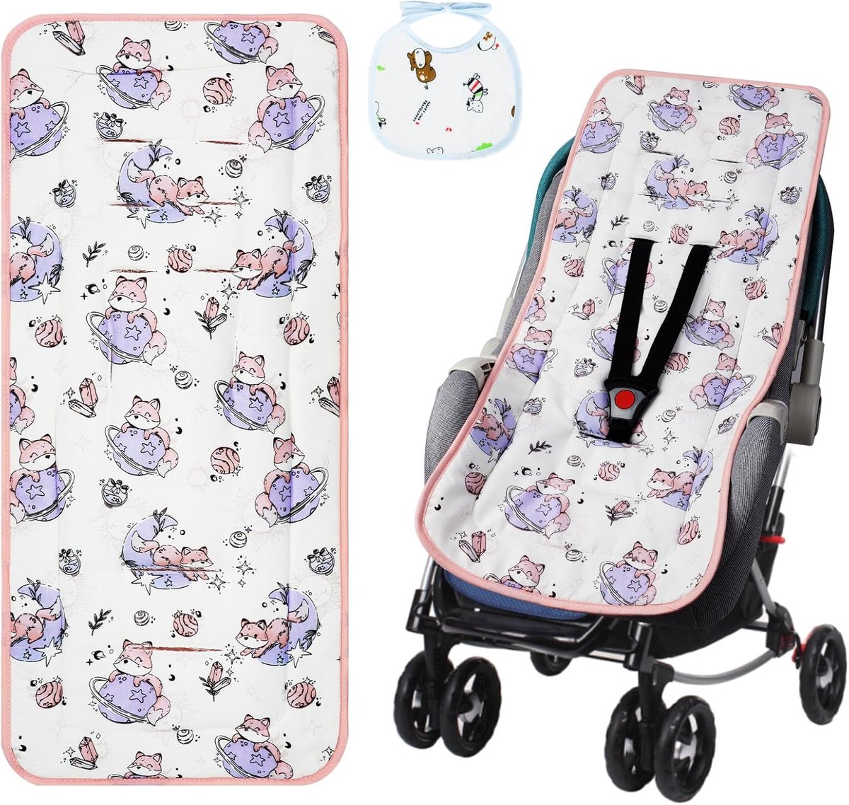 SnelShoppen - Baby Stroller Mat Universeel, Omkeerbaar, Ademend, Zacht Katoen, Veilig en Comfortabel voor Kinderwagens, Meerdere Bevestigingsgaten