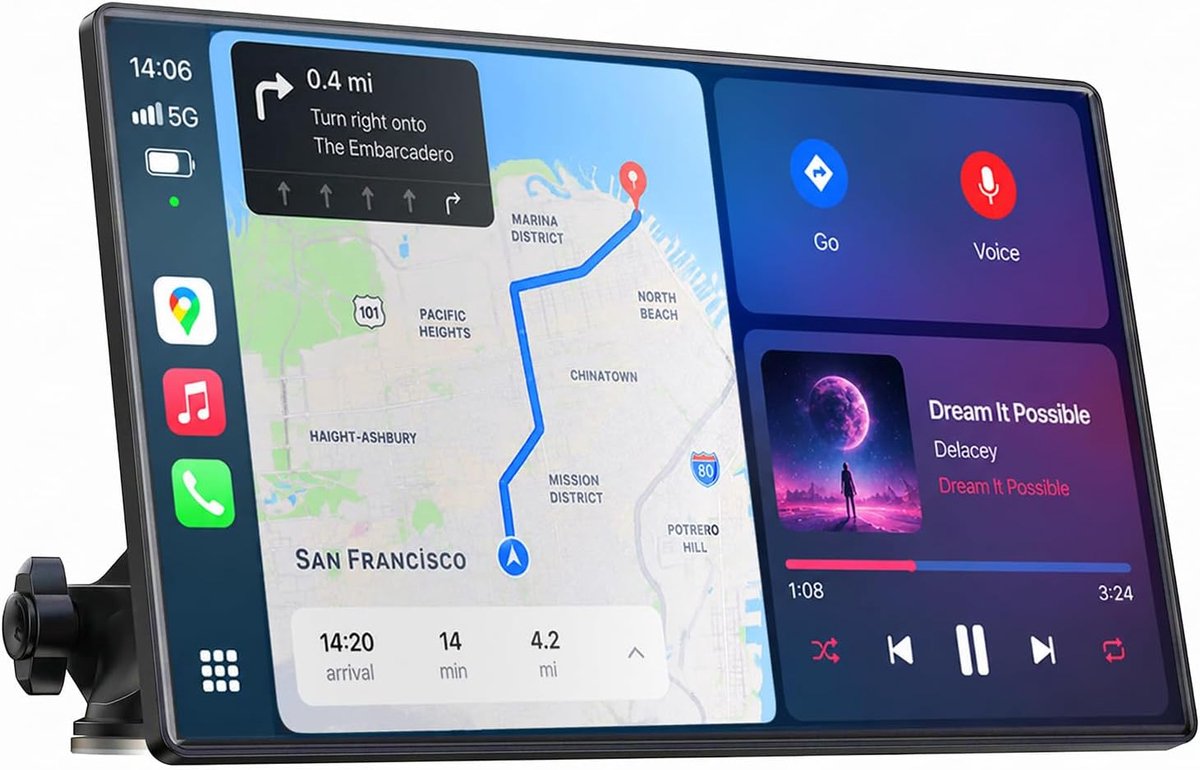 SnelShoppen - Draagbare 9 Inch CarPlay Display voor Draadloze CarPlay & Android Auto, 2.5K Voor Camera, 1080P Achter Camera, GPS, Bluetooth 5.2, Touch