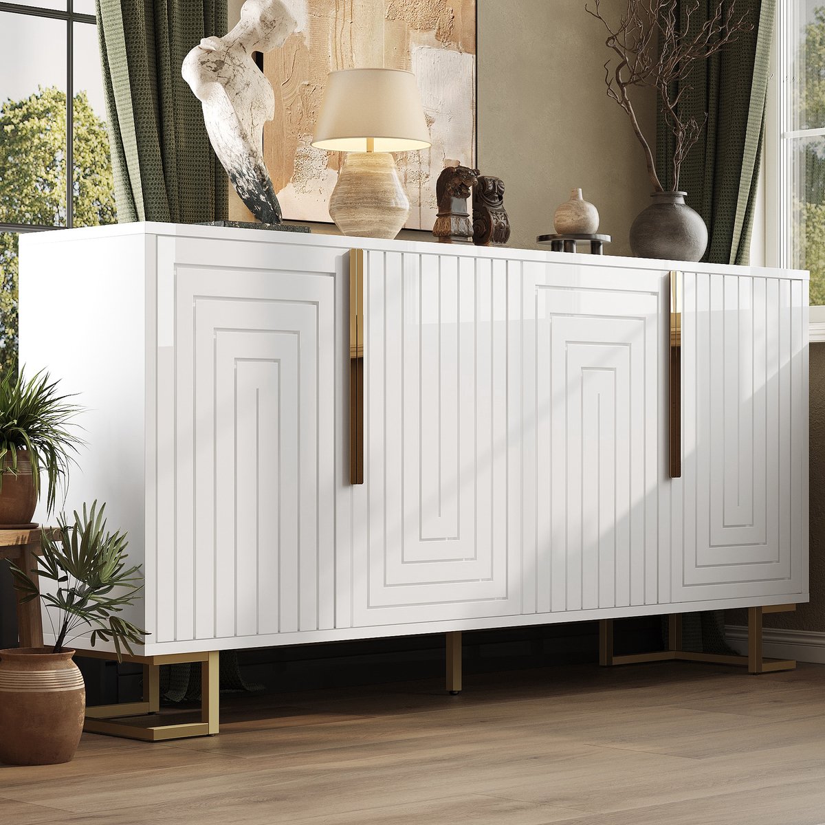 Wishdor - Dressoir - Geometrisch front - 2 deuren en 4 vakken - Modern design - Woonkamer of eetkamer - Houtlook en metaal - Wit met goud - 152 x 40 x 75 cm