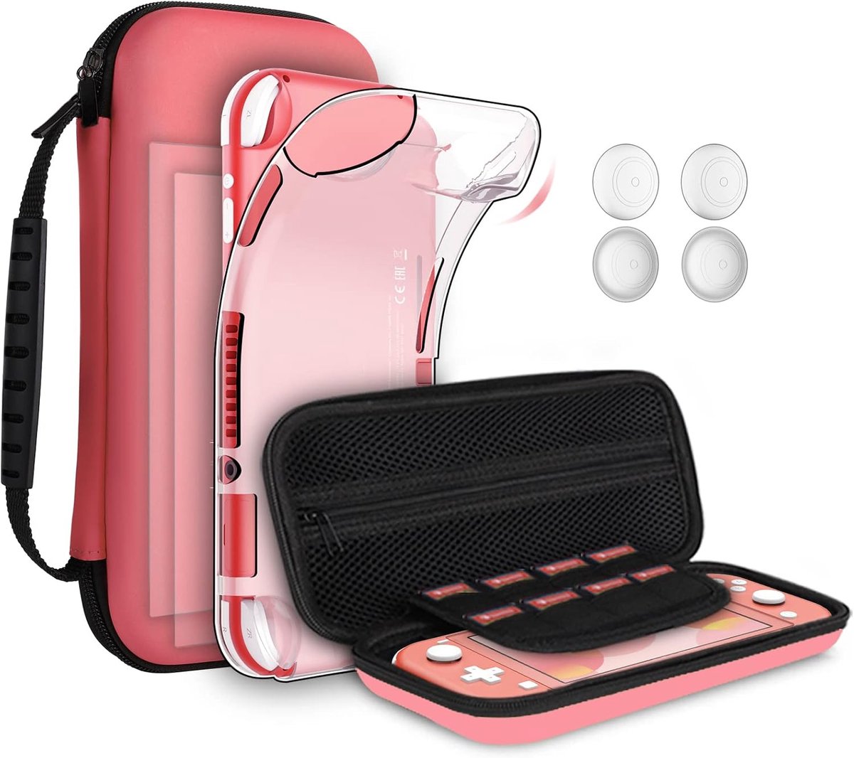 SnelShoppen - Beschermcase voor Switch Lite 2019 - Compleet 8-delig Set - Siliconen Case, Tempered Glass, Thumb Grips, Coral Rood - Ideaal voor Gaming