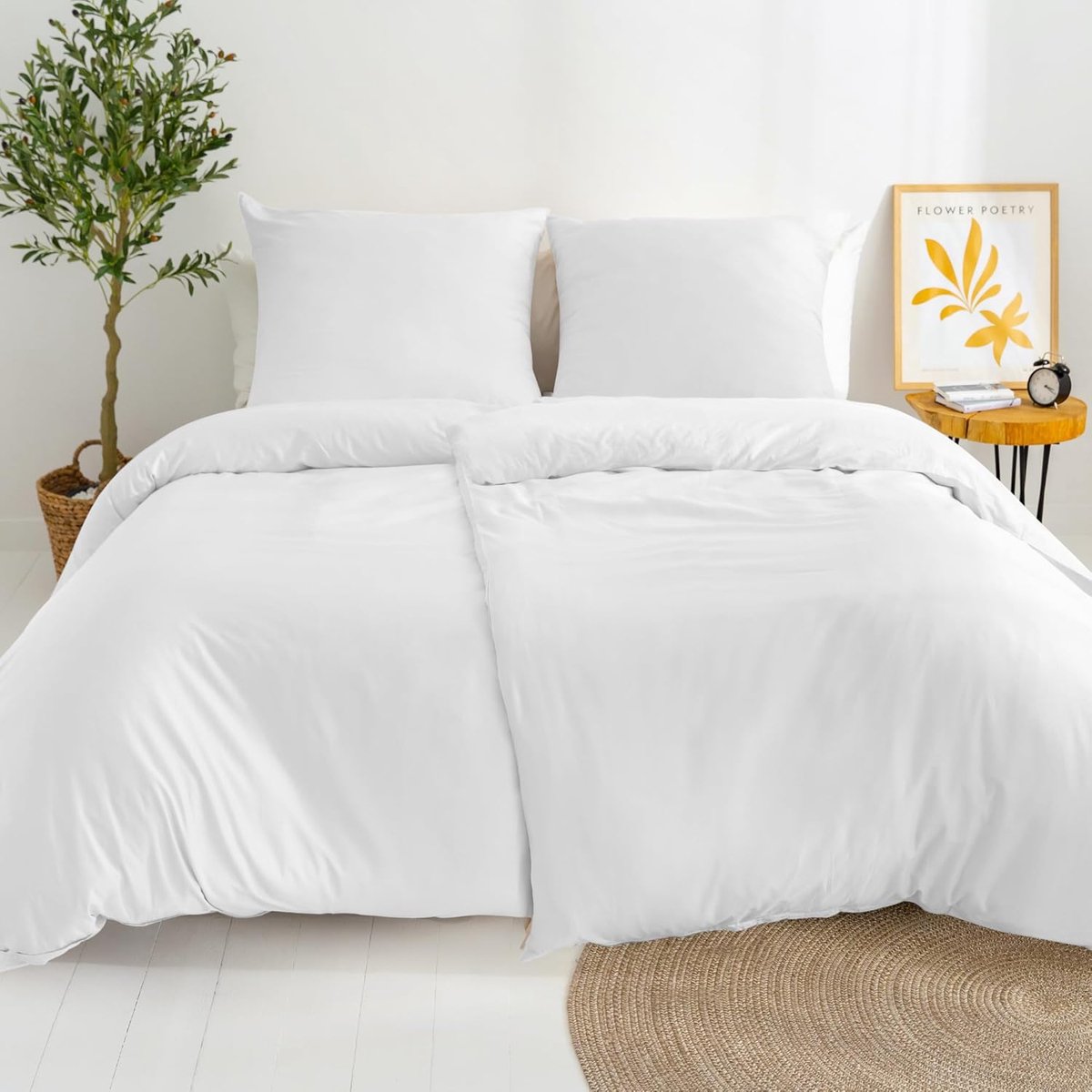 SnelShoppen - Luxe Duvet Dekbedovertrek Set 135x200 cm met Kussenslopen 80x80 cm - Witte Katoen Sateen - 4 Delig - Oeko TEX Gecertificeerd - Soft & Sh