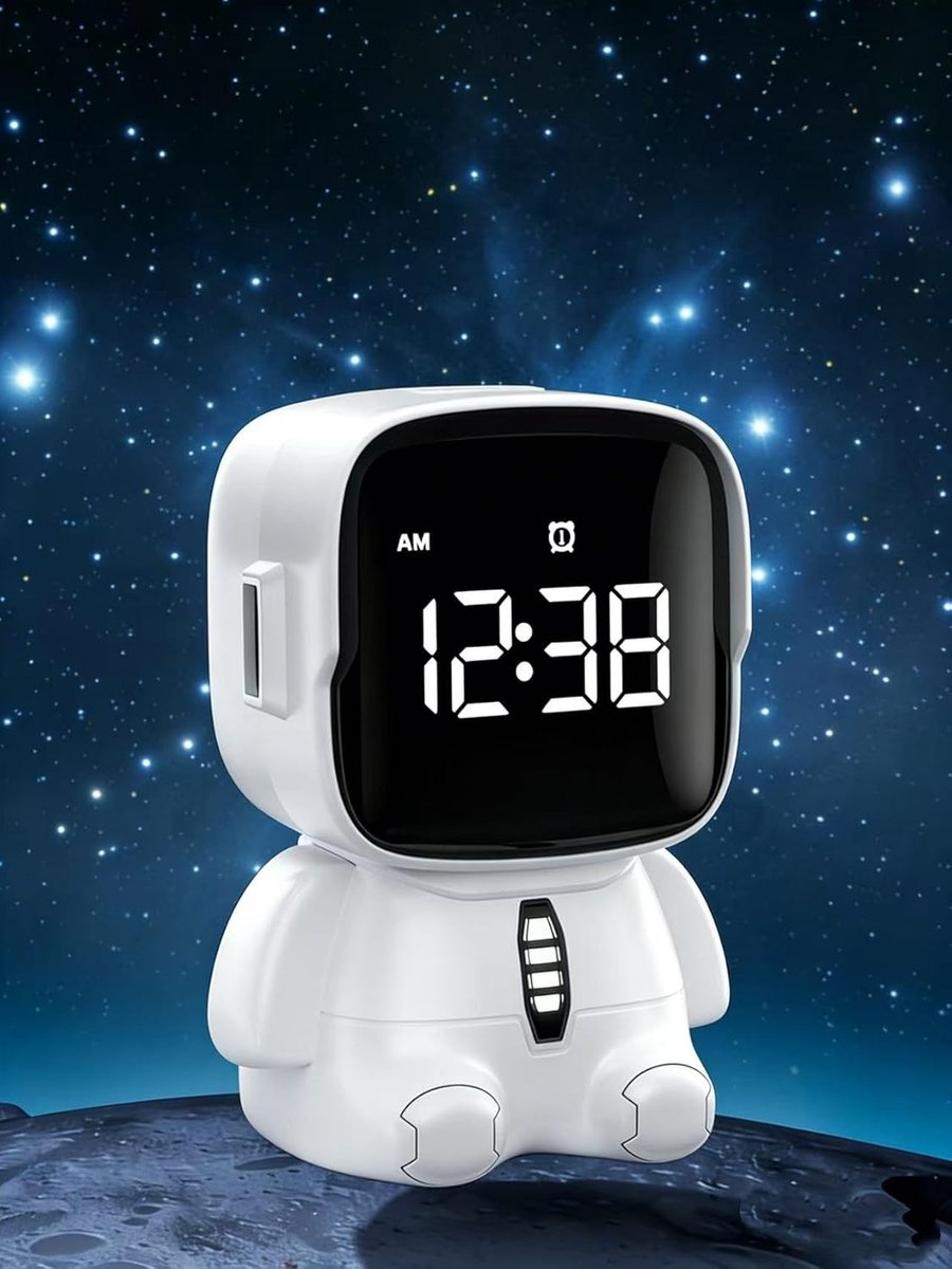 SnelShoppen - Astronaut Kinderwekker met 2 Alarmgeluiden, Snooze, Timer, 5 Melodieën, Oplaadbaar, 12/24 Uur, USB Poort, Perfect voor Jongens en Meisje