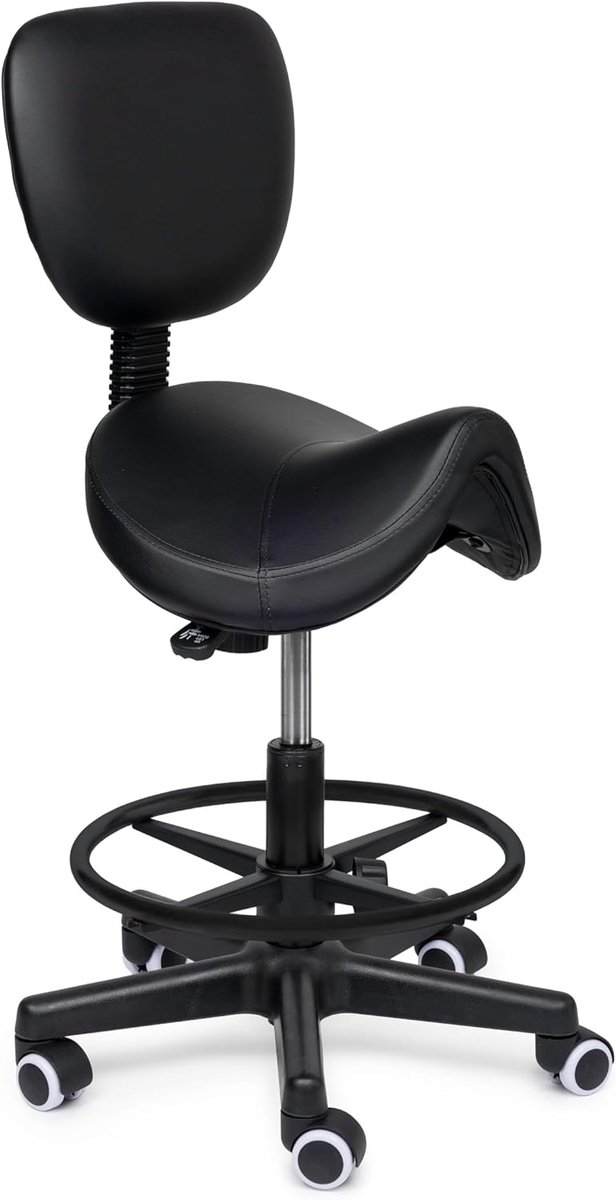 SnelShoppen - Ergonomische Zadelkruk met Rugleuning Comfort Zwart op Wielen - Luxe Koud-Schuim Zitting, 5 cm Dikte, Ideaal voor Thuis, Kantoor, Salon