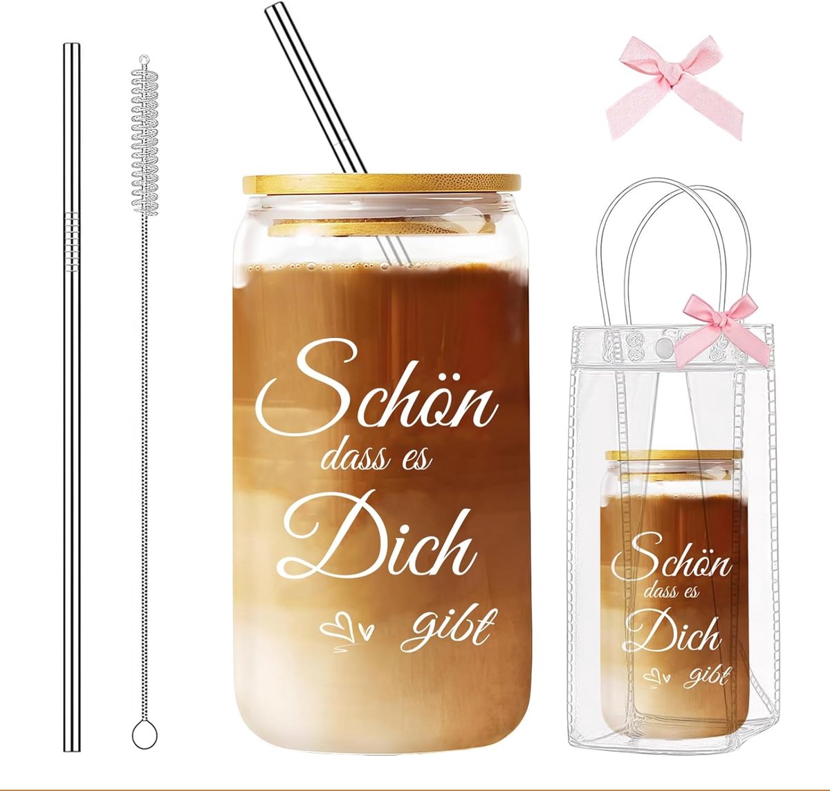 SnelShoppen - Trinkglas met Deksel en Rietje, 16 oz, Loodvrij Glas, Inclusief Cadeau Doos, Perfect voor Cocktails, Sap en Verjaardagsgeschenk voor Vro