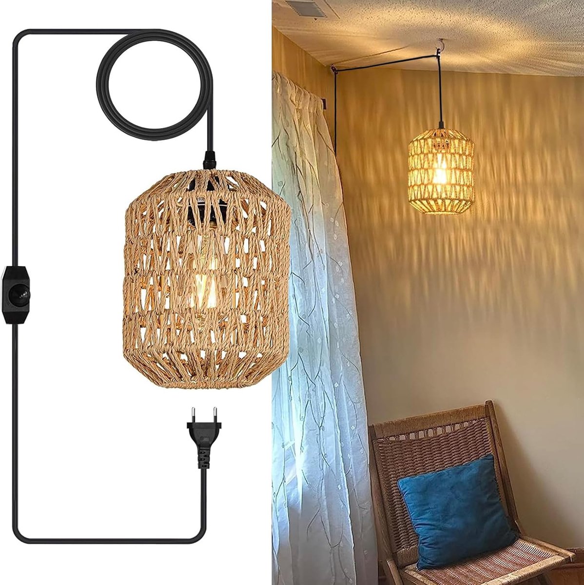 SnelShoppen - Vintage Hanglamp met Stekker, E27 Dimbare Hanglamp Ø18cm | Retro Jute Touw Lampenkap, Boho Rieten Hanglamp met 4.5M Kabel voor Binnen/Bu
