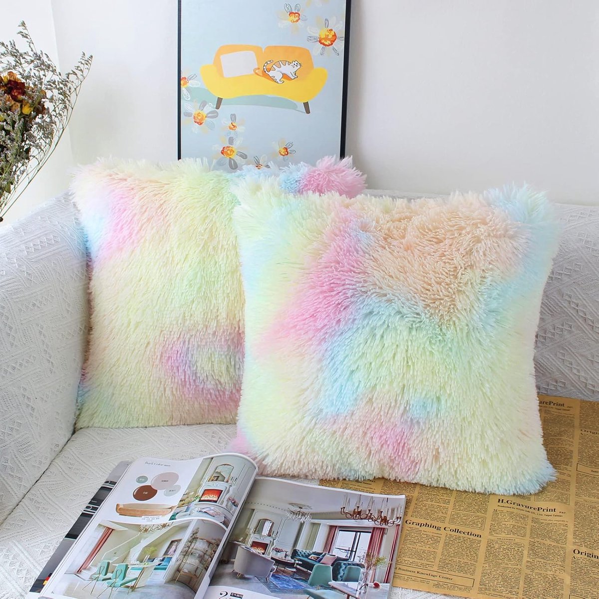 SnelShoppen - Set van 2 Kussenhoezen 40x40 cm Kleurrijke Fluffy Decoratieve Kussenslopen Faux Bont Cuddle Kussen Covers voor Sofa en Woonkamer