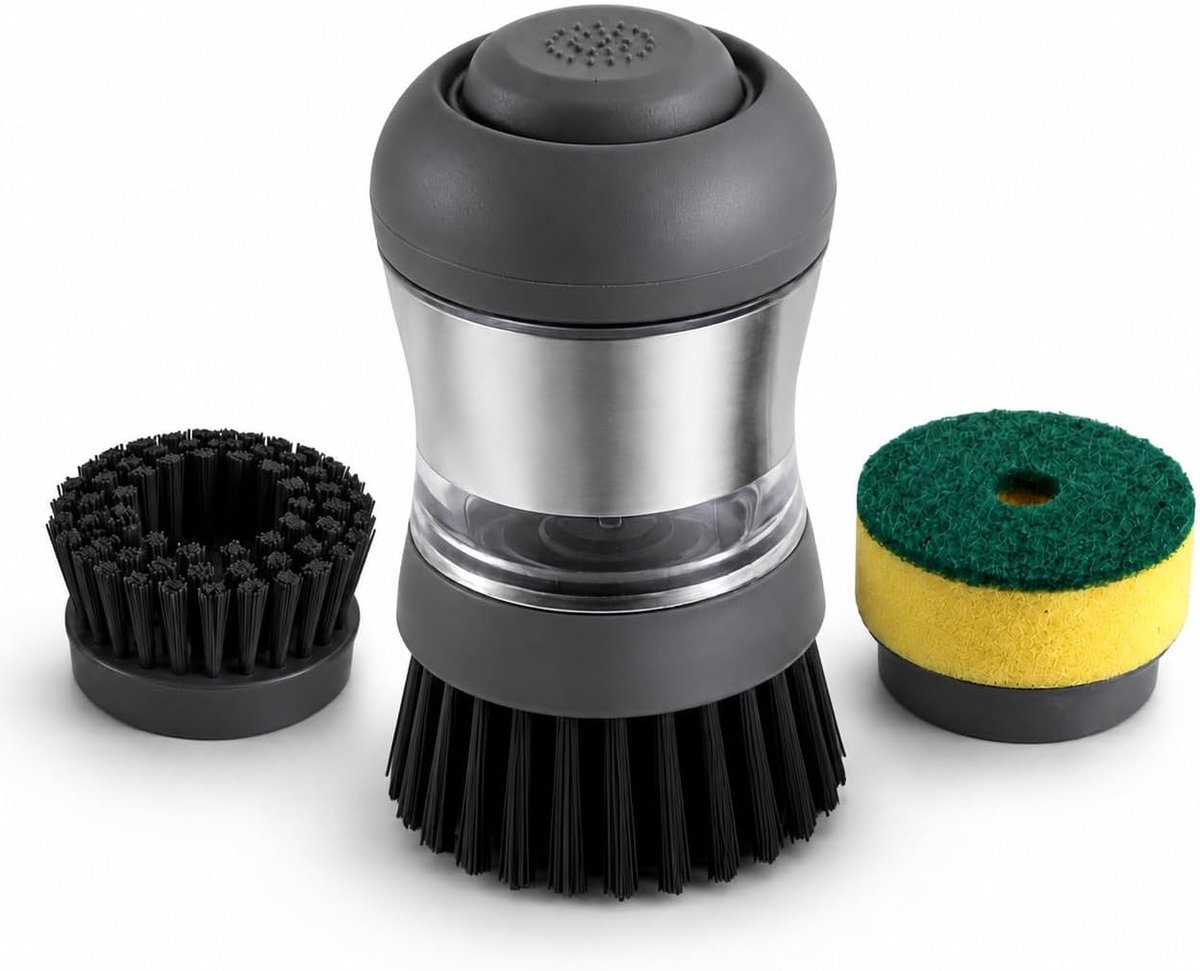 SnelShoppen - Afwasborstel met Zeepdispenser, Set van 1 Vervanghoofden en 1 Spons, Navulbare Dispenser voor Keuken, Potten, Pannen en Servies