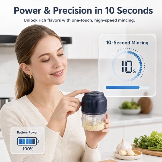 Elektrische Knoflookhacker - Draadloze Mini Hakmolen USB Oplaadbaar - Compacte Keukenmachine met 6 Mesjes voor Ui, Gember, Noten en Babyvoeding - Blauw van Bobypet — afbeelding 3