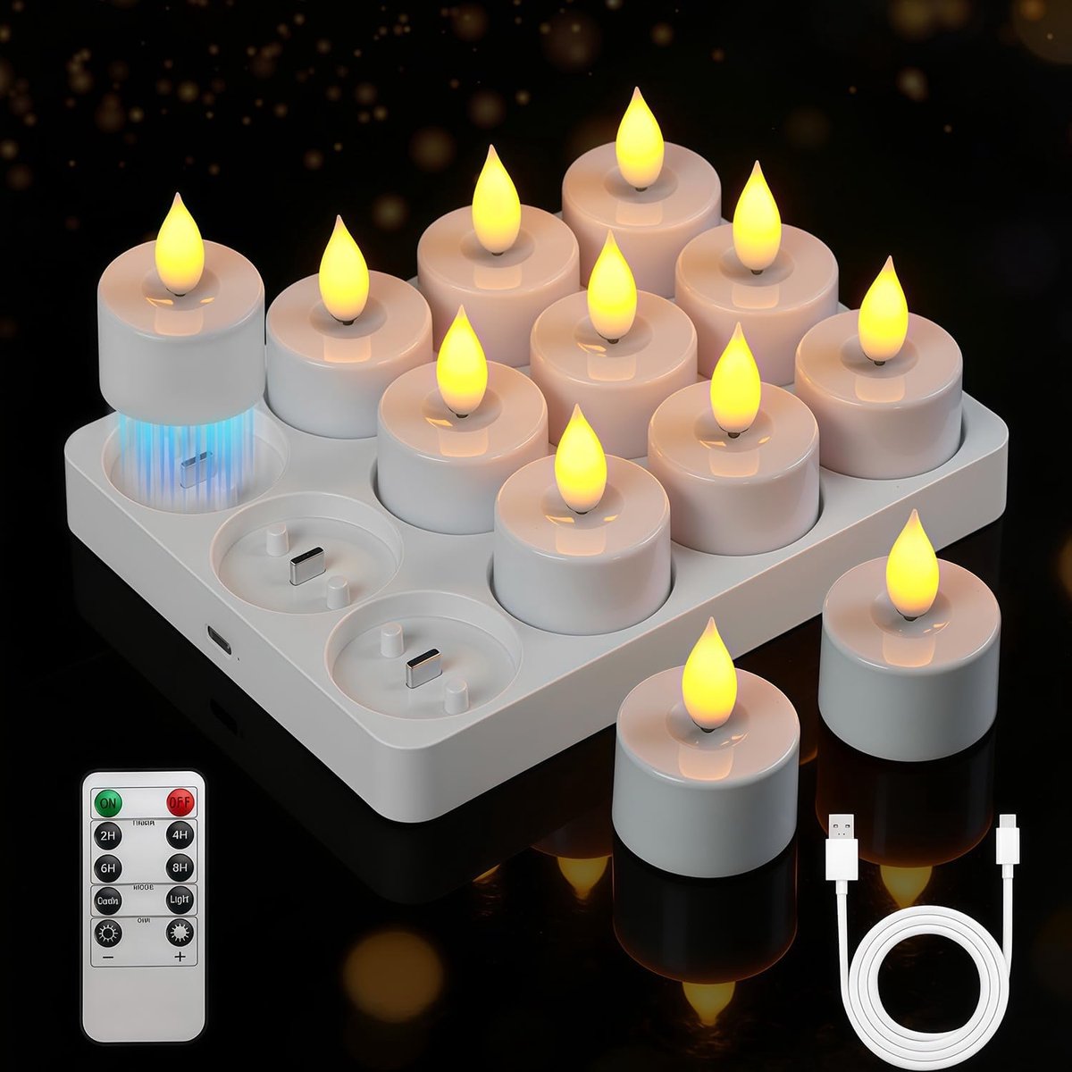 SnelShoppen - 12 Stuks Oplaadbare LED Theelichten met Oplaadstation - Flameless Kaarsen met Afstandsbediening en Timer - Flickering Votive Kaarsen voo