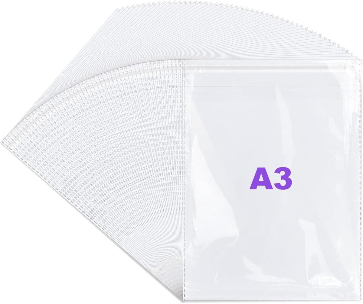 SnelShoppen - A3 Cello Bags 100 Packs, 31x46cm Zelfsluitende Helder Cellofaan Tassen voor Kunstwerken, Foto's, Kaarten, Sterke Dikte, Versterkte Rande