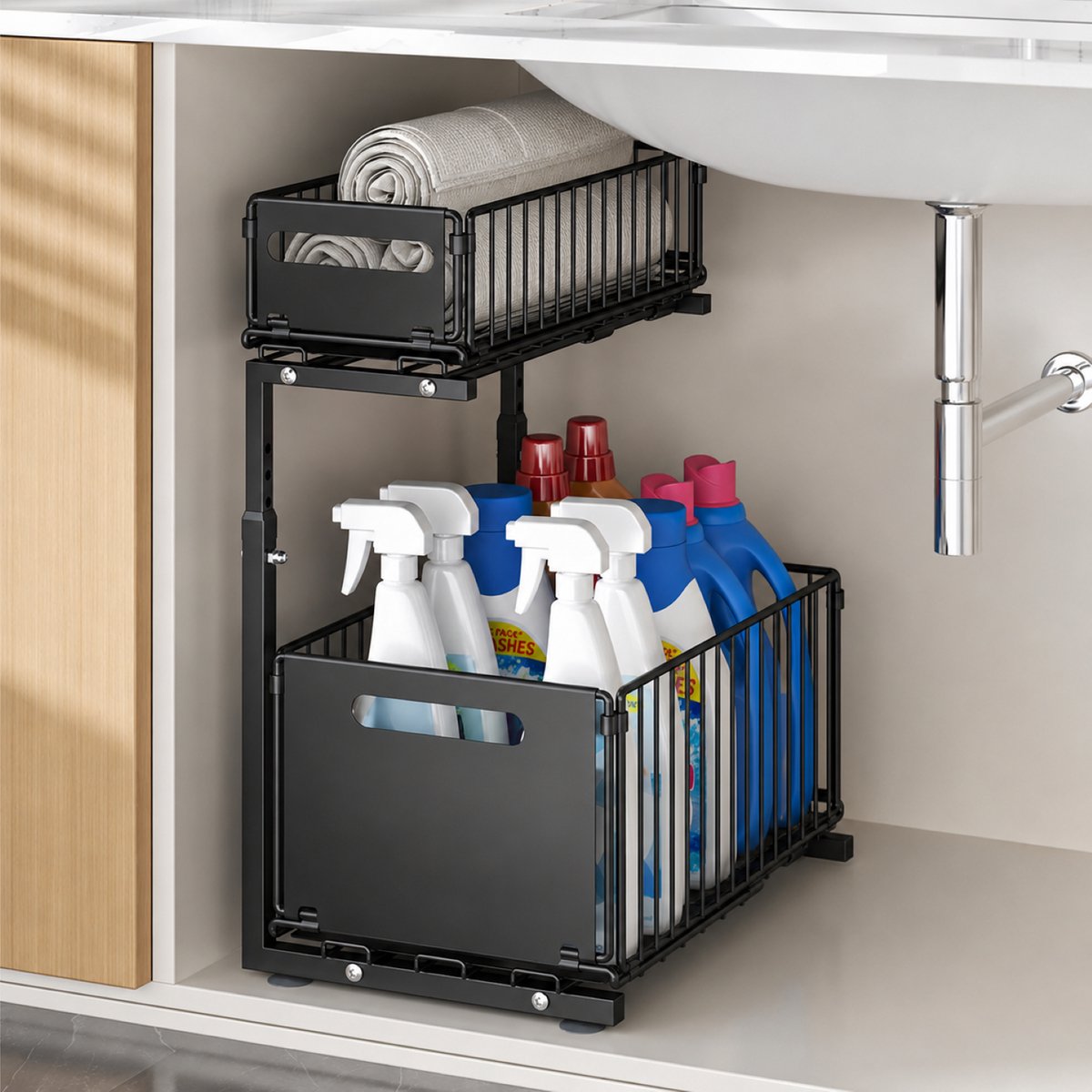 OUYLAF Gootsteenkast organizer, Opberglade Voor Onder De Gootsteen Met 2 Niveaus, Uittrekbare Lade-Organizer, Metalen Schuifbare Opbergmand Voor Keuken, keukenkast organizer zwart