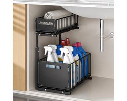 OUYLAF Gootsteenkast organizer, Opberglade Voor Onder De Gootsteen Met 2 Niveaus, Uittrekbare Lade-Organizer, Metalen Schuifbare Opbergmand Voor Keuken, keukenkast organizer zwart