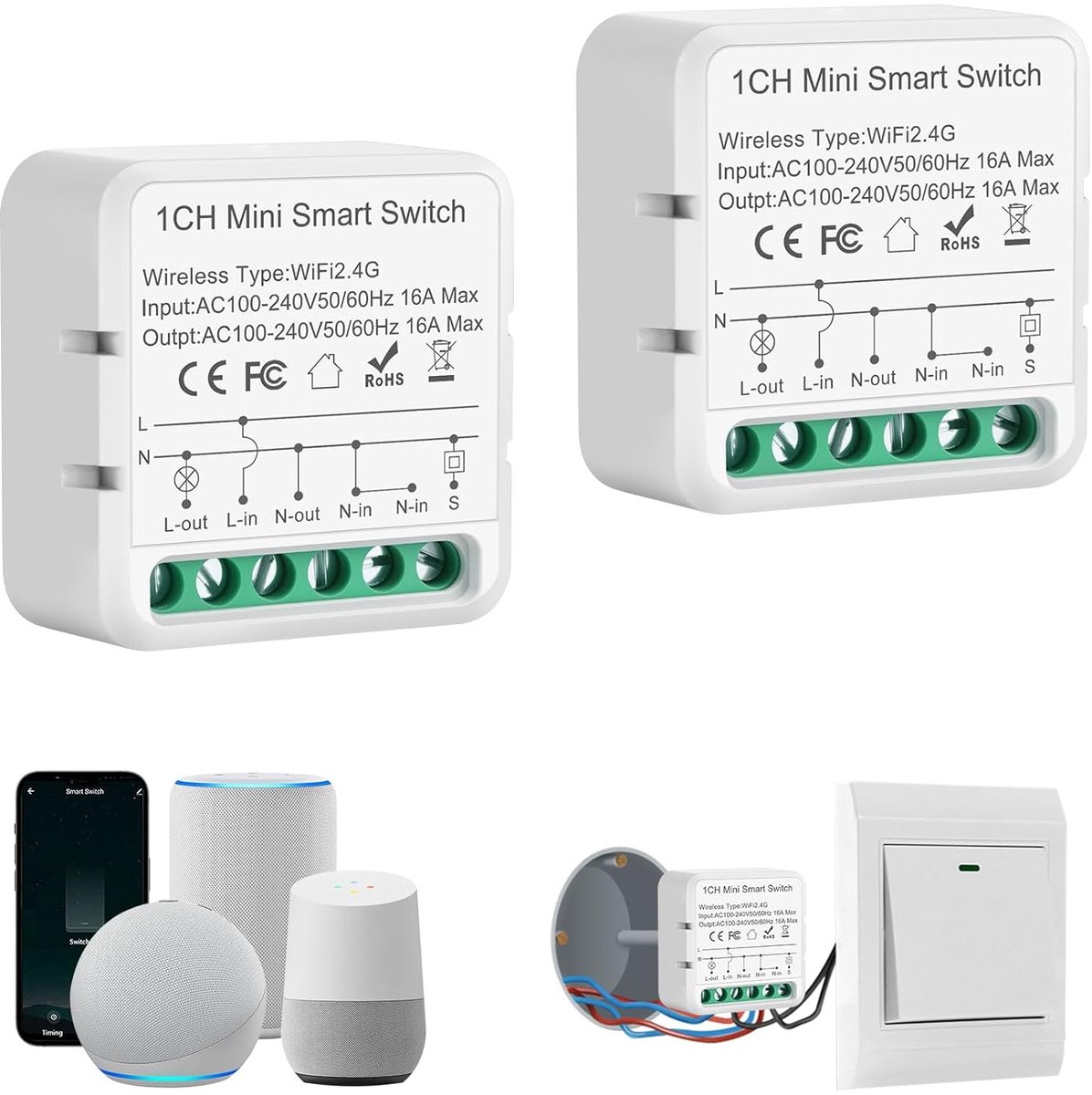 SnelShoppen - Slimme Alexa Lichtschakelaar WiFi 2.4G, Mini Smart Switch met Stem- en Appbediening, Ingebouwde Lichtschakelaar, Neutral Draad Vereist,