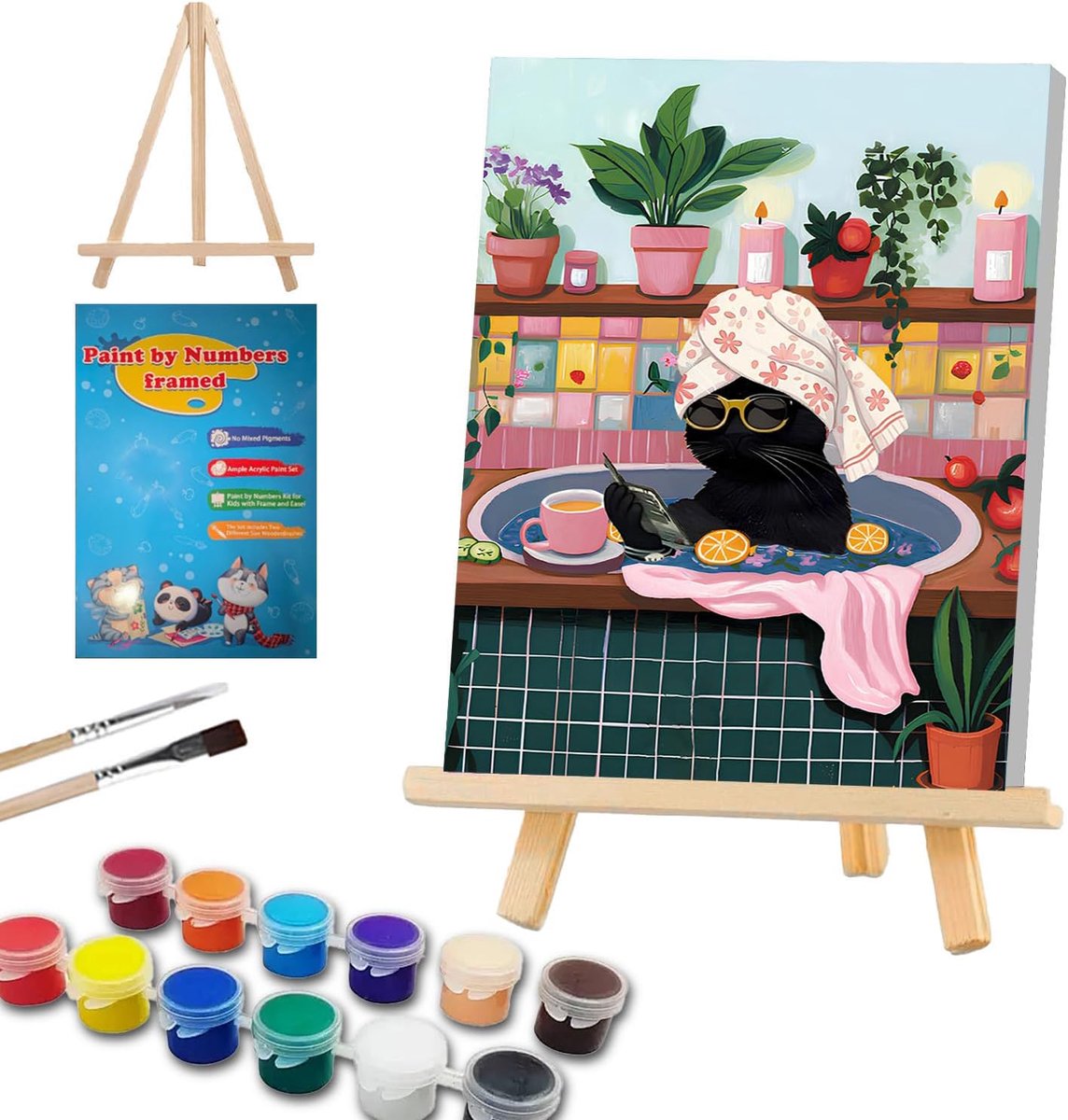 SnelShoppen - Schilderen op Nummeren voor Kinderen en Volwassenen - Dieren, Ezel en Katten - Compleet Verfset met Canvas, Acrylaatverf, Penseel en Sta