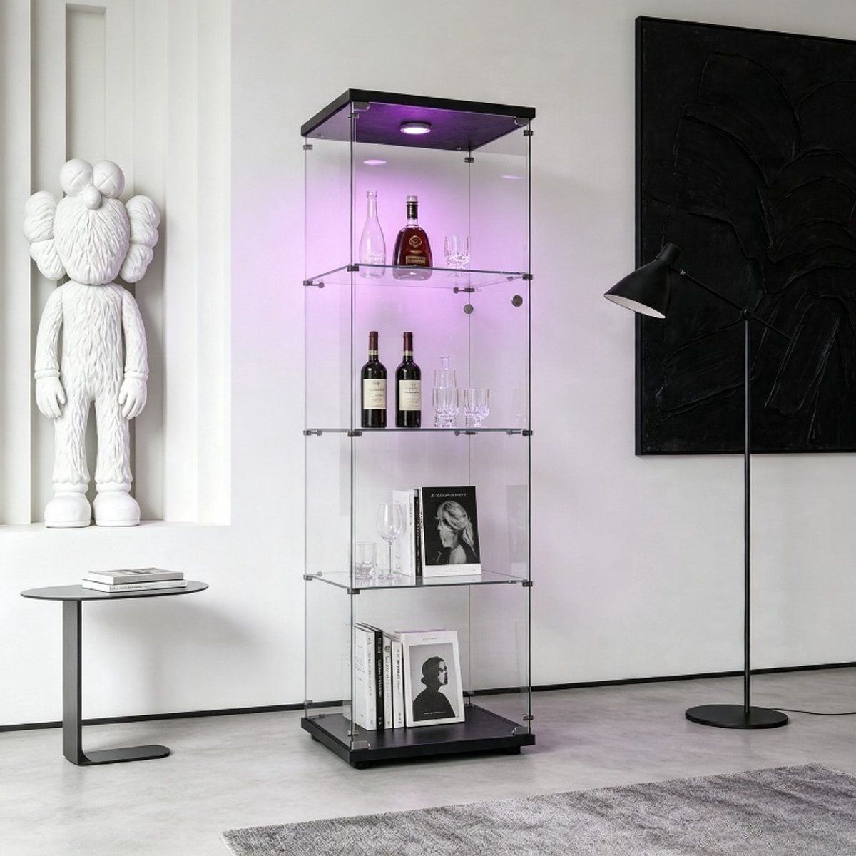 Vitrinekast 164 cm met led verlichting, glazen kast met 1 deur en 4 planken, displaykast en opbergkast voor woonkamer, zwarte kast