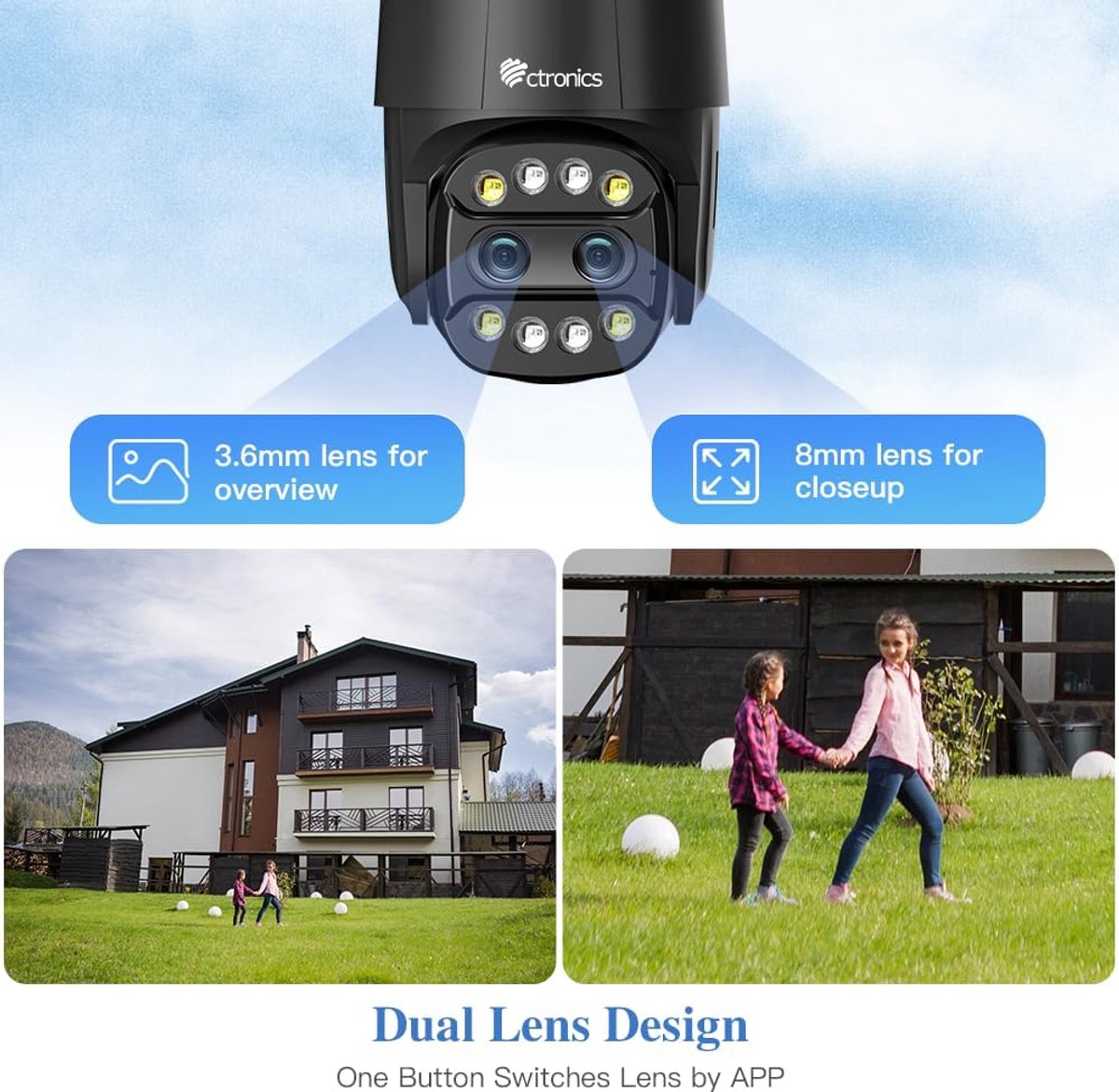 SnelShoppen - Buiten WiFi Beveiligingscamera met 6X Hybrid Zoom, Dual Lens, IP66, Nachtzicht, Mensdetectie en Twee-Weg Audio - Zwart