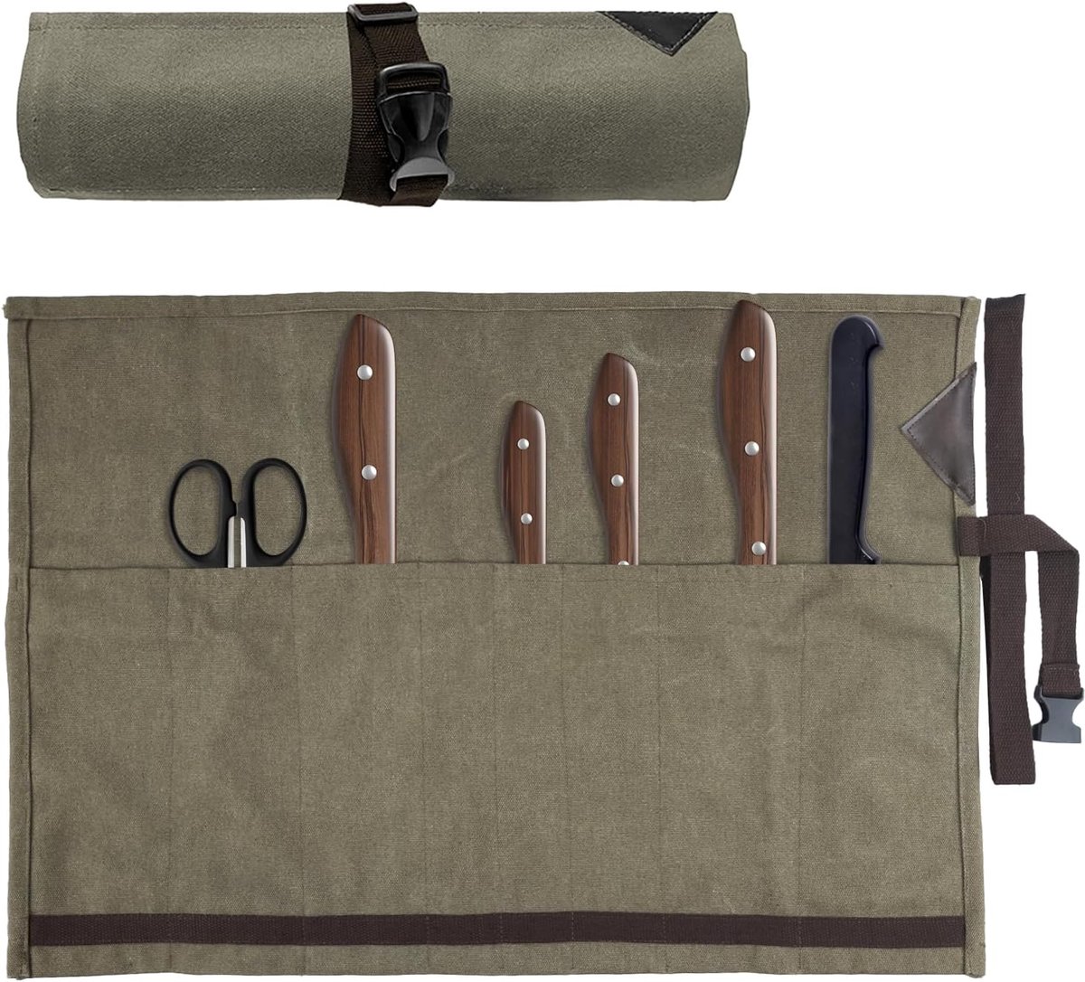 SnelShoppen - Messertasche voor Koks, Vouwbare Roll Storage met 8 Compartimenten, Geschikt voor Messen tot 10cm, Chef Knife Bag in Army Green voor Cam