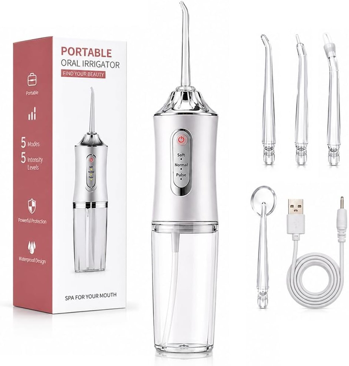 SnelShoppen - Draadloze Monddouche 300 ml, Elektrische Tanddouche met 3 Modi en 4 Sproeiers, IPX7 Waterdicht, Draagbare Tandreiniging voor Dieptereini