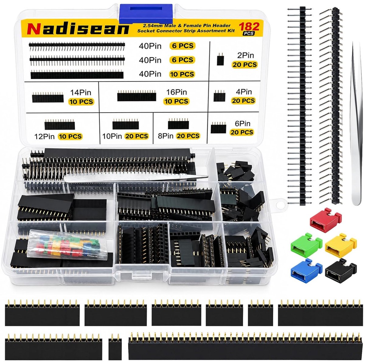 SnelShoppen - 182 stuks 2,54 mm Rechte Enkele Rij Stapelbare Contactdoos | Breakaway PCB Board Header Connector met 5 Kleuren Jumper Caps voor Arduino