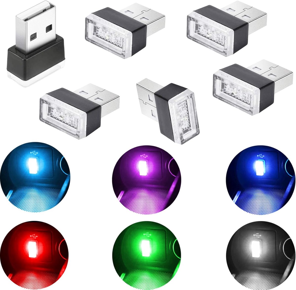 SnelShoppen - Atmosfeer LED Verlichting voor Auto's - USB Mini Interieur Lichten - 5 Stuks - Rood, Roze, Paars, Blauw, Wit, IJsblauw, Groen - Multifun