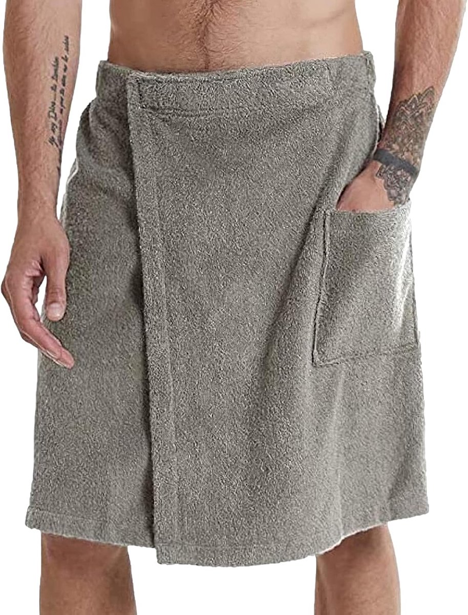 SnelShoppen - Adjustable Badhanddoek Wrap voor Mannen - Verstelbare Handdoekrok met Zak voor Gym, Douche, Sauna, Spa en Strand - Grijs M