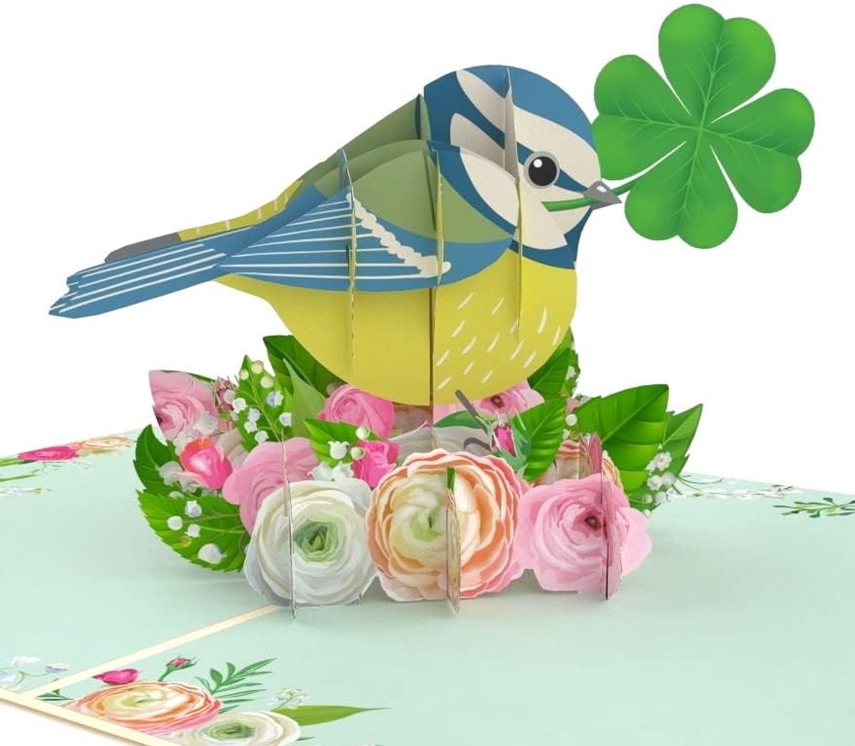 SnelShoppen - MOKIO Pop-Up Kaart - 3D Gelukkige Vogel met Klaver en Bloemen - Unieke Verjaardag, Examens of Beterschapskaart voor Vrouwen en Kinderen