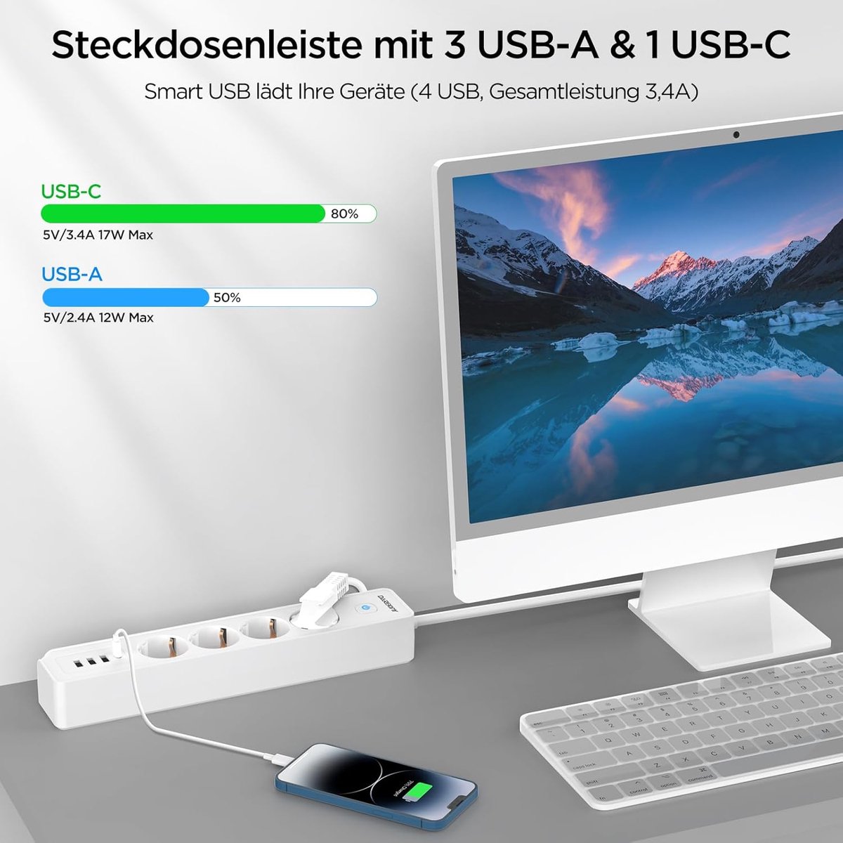 SnelShoppen - Power Strip met USB C, 4-Way Meerdere Stopcontacten, Wandgemonteerd, 3680 W, 16 A, Stekkerdoos met Overspanningsbeveiliging, 1.8 m, Idea