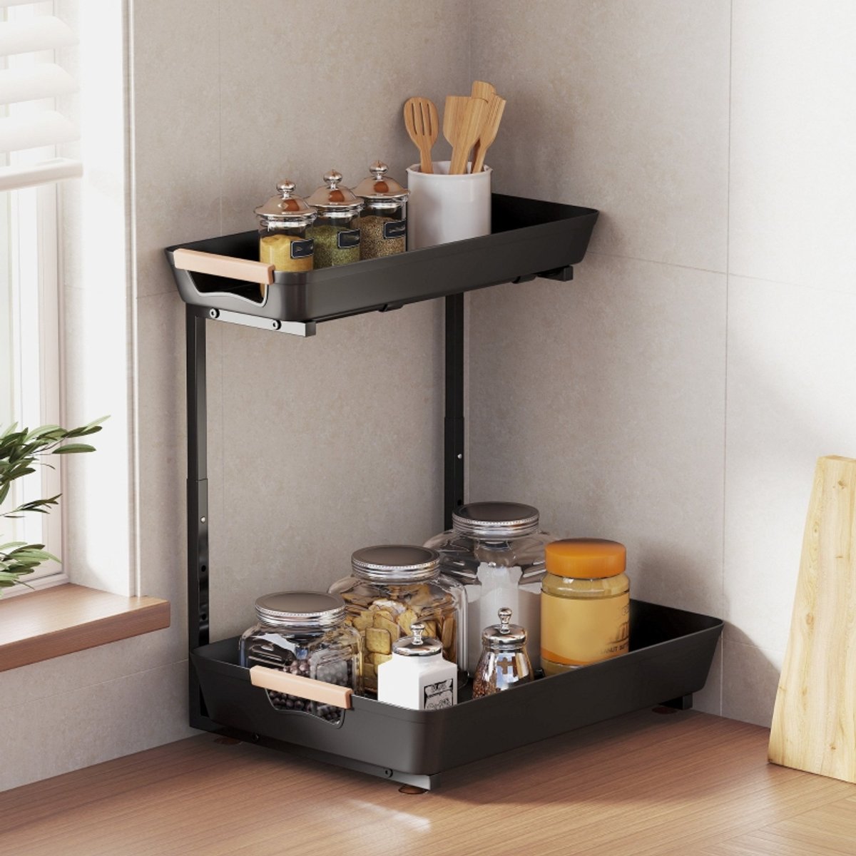 OKWISH Etagère – Verstelbare Hoogte 40 x 30 x 33,5-42 cm – Metaal En Kunststof – Zwart – Keukenrek Met 2 Manden En Antislip Zuignappen