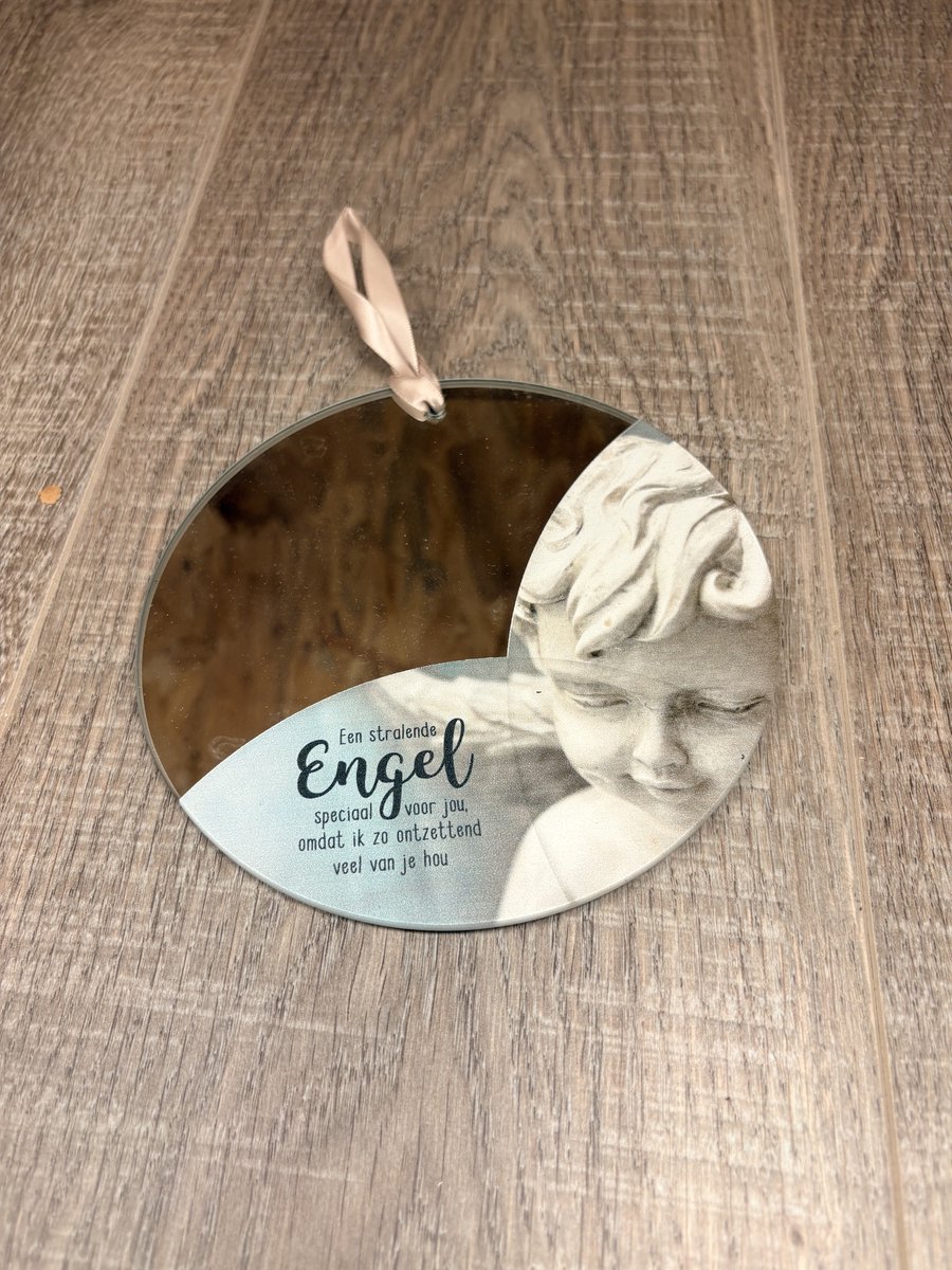 Spiegelhanger Engel Rond – Decoratieve Spiegel met Liefdevolle Tekst – Cadeau met Ophanglint Ø12 cm