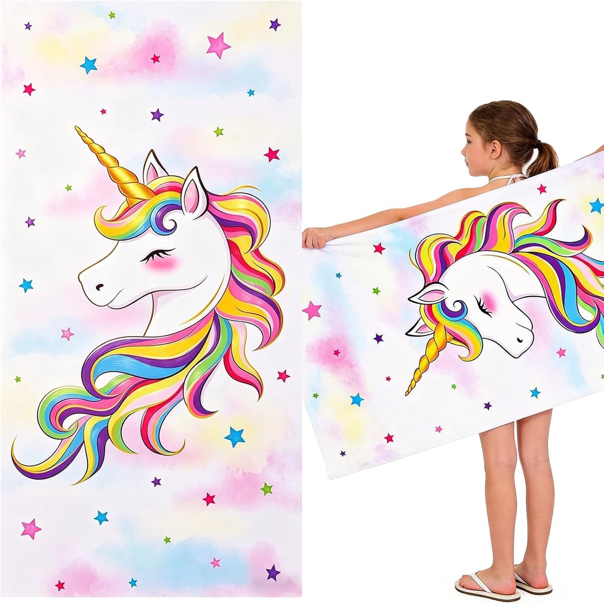 SnelShoppen - Kinderen Badhanddoek Zeemeermin 76 x 150 cm Zandvrij Sneldrogend Ultra Absorberend Superzacht Stranddeken Zwembad Reis Handdoek voor Mei