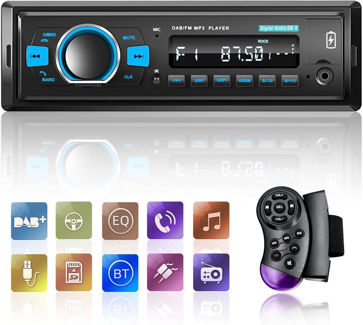 SnelShoppen - DAB Car Radio 1 Din met Bluetooth 5.0, EQ Audio, FM Radio, USB Opladen, Button Lighting, TF SD Kaart Port, AUX-in, Single Din Auto Radio