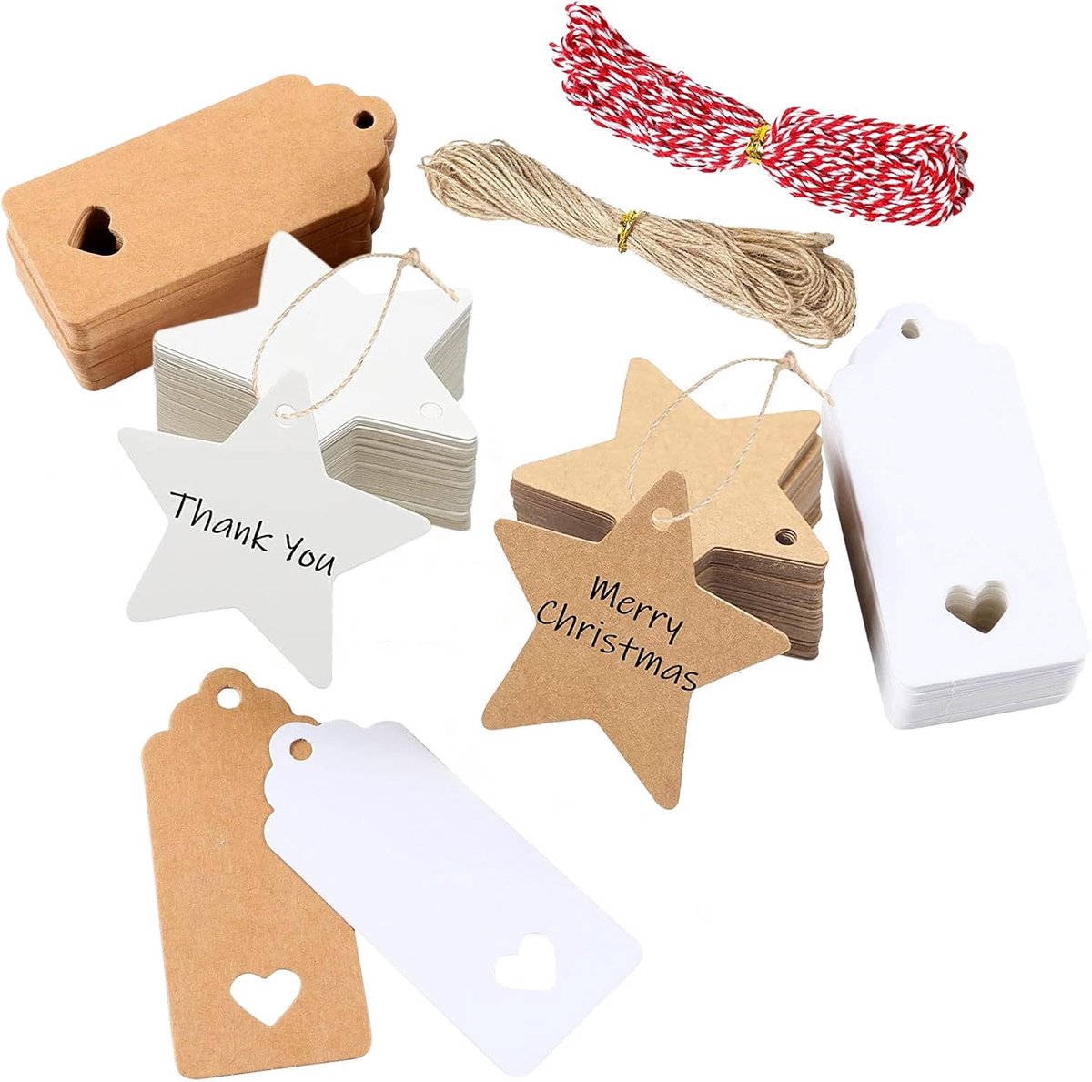 SnelShoppen - 200 Pcs Kraft Papier Labels, Kerst Cadeau Pendanten, Decoratieve Labels met 10m Jute Touw en 10m Rode Touw voor Kerstboom Versiering en