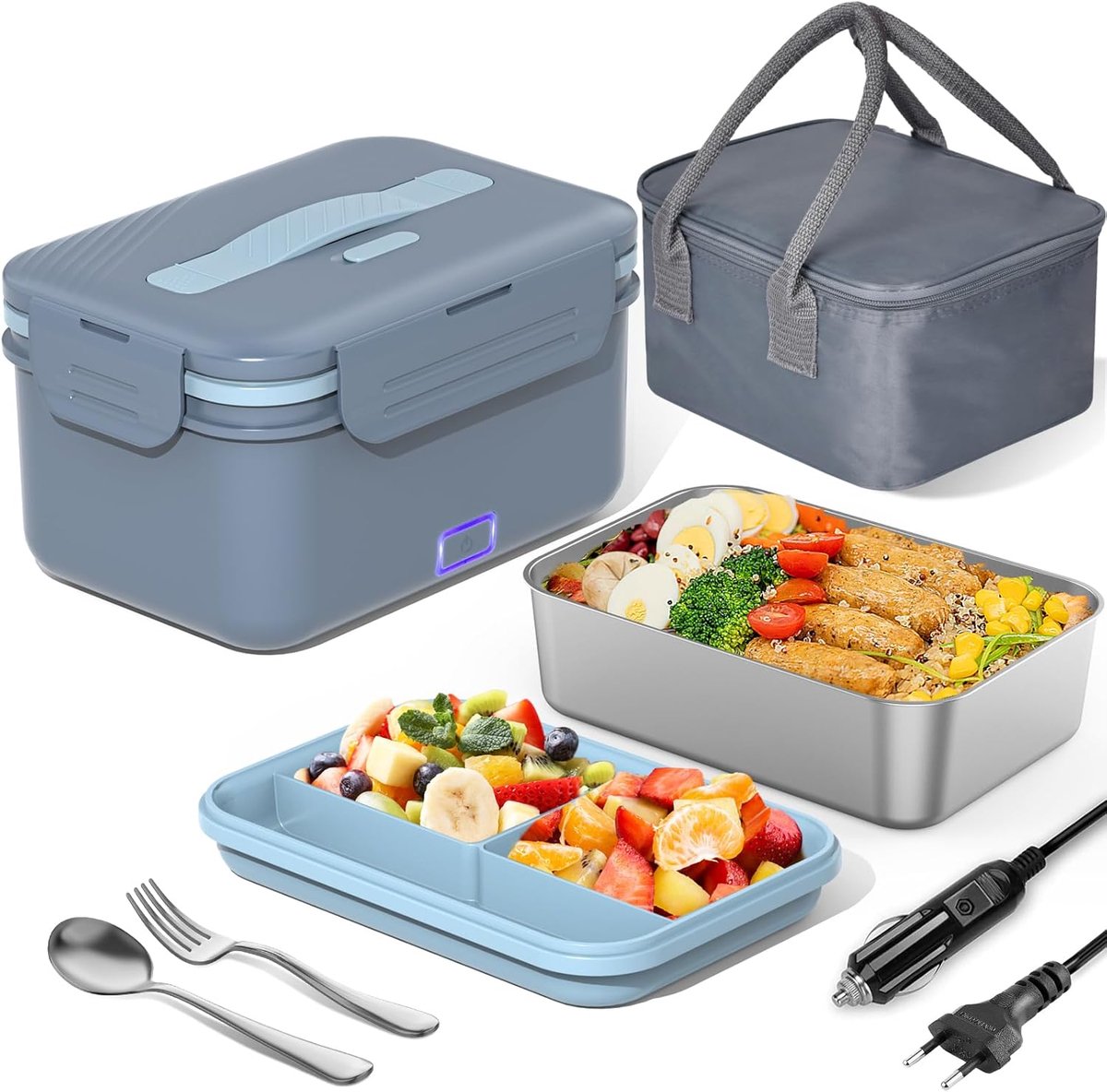 SnelShoppen - 3-in-1 Electric Lunch Box 100 W voor Volwassenen, 1.8 L Thermo Lunch Box met Bestek en Isolatie Tas, Lekvrij, 12/24/220 V, Voor Auto, We