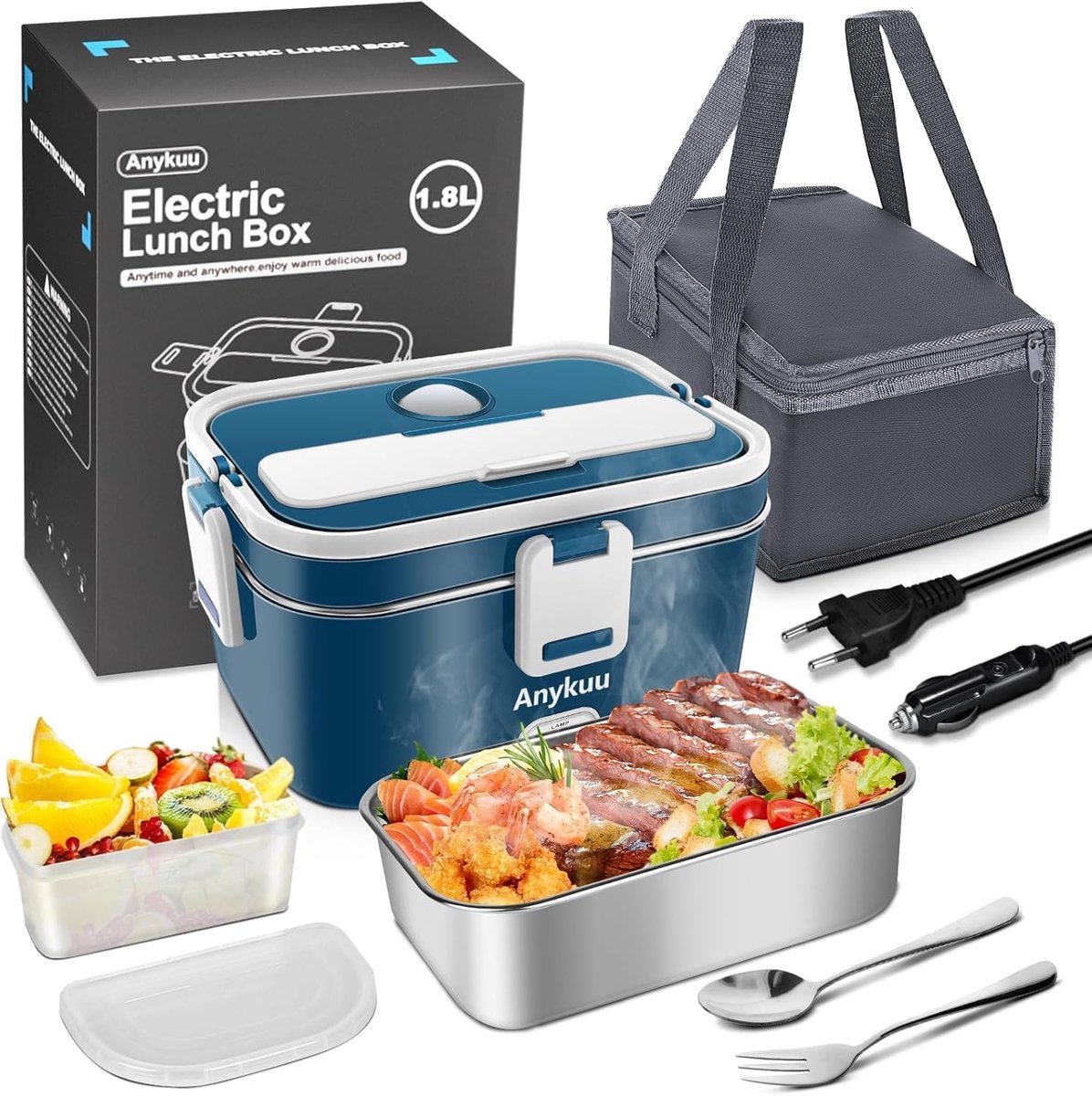 SnelShoppen - Elektrische Lunchbox 1.8L - Snelle Verwarming 100W - 12V/24V/220V/240V - RVS & Plastic - Ideaal voor Thuis, Auto, Camping