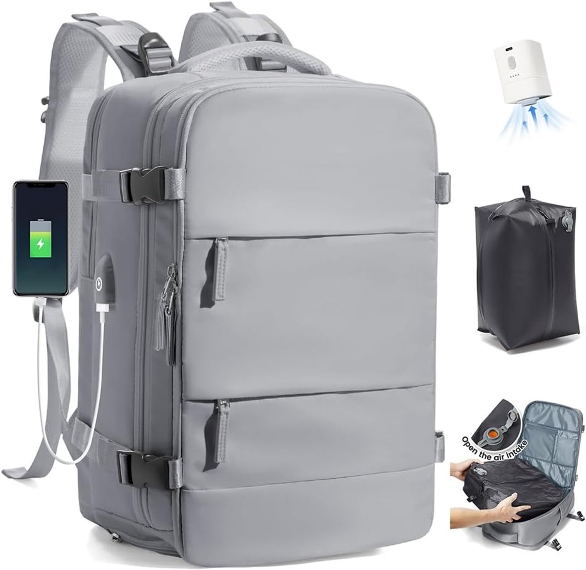 SnelShoppen - SZLX Vacuum Rugzak met Pomp, Waterdichte Airbag Rugzak Voor Reizen, Ryanair Handbagage 40x30x20, Lichtgewicht Travel Rucksack, Ideaal Vo