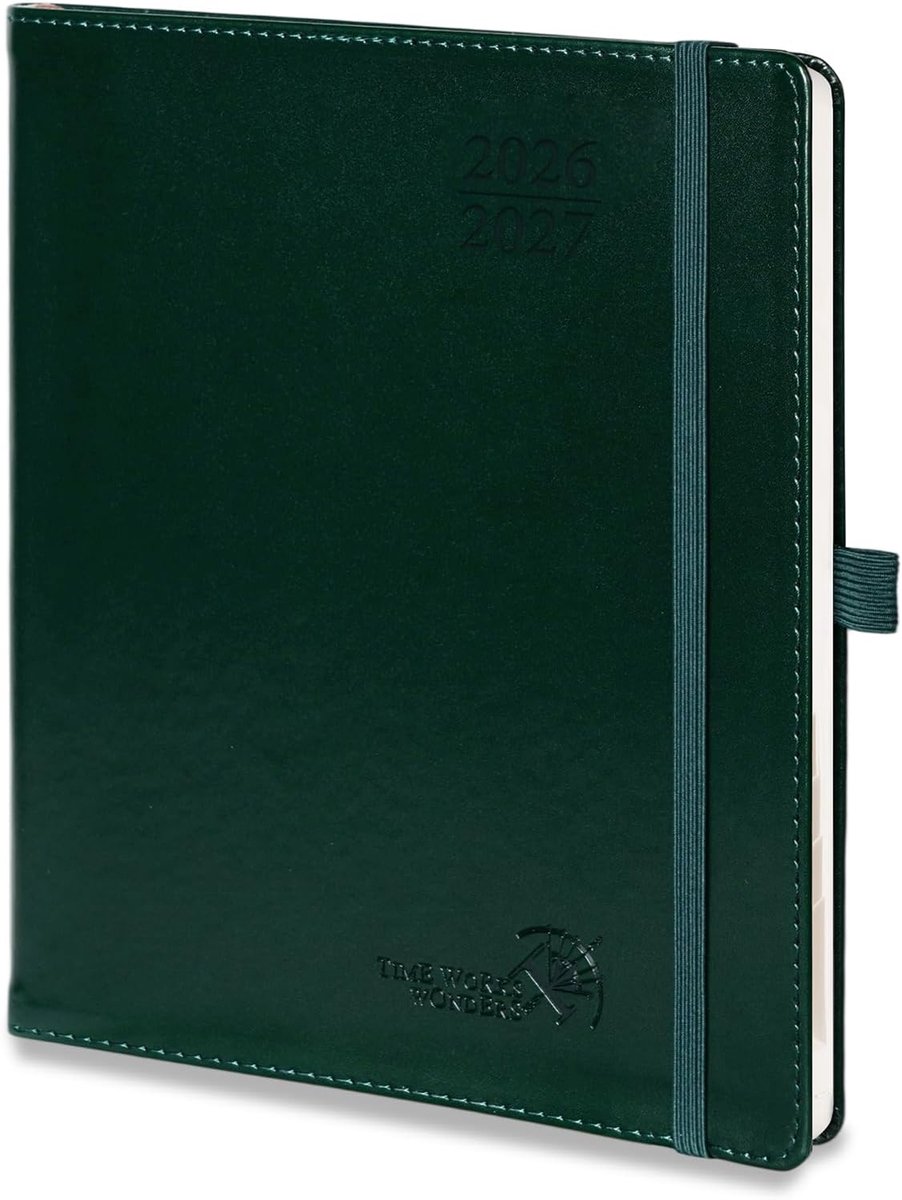 SnelShoppen - POPRUN Agenda 2026-2027 A5+ - Weekplanner met 30 Minuten Klokfunctie, Maandregister, PU-Lederen Softcover, Donkergroen - Perfect voor Th