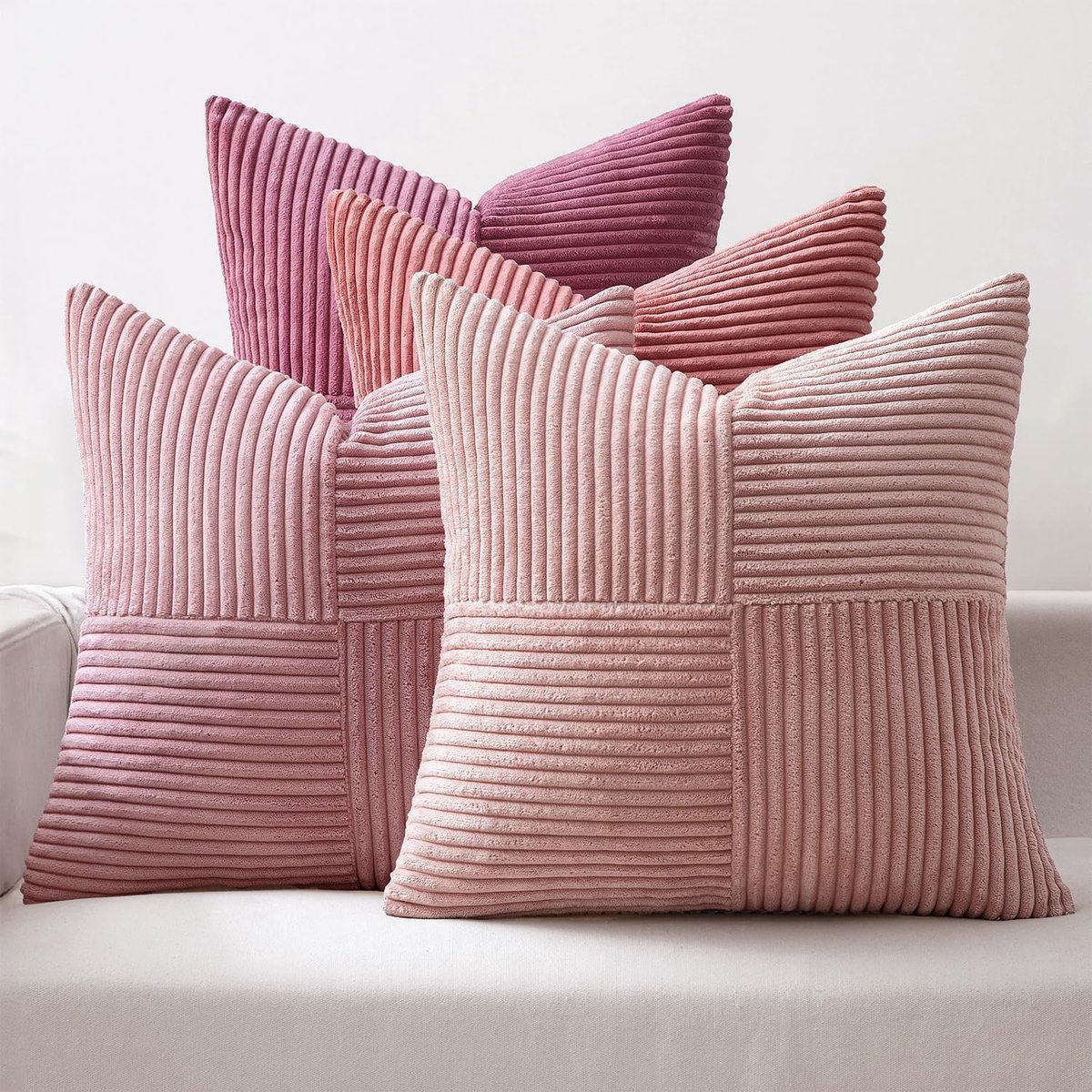 SnelShoppen - Set van 4 Kussenslopen 40x40 cm - Corduroy Fluweel - Roze Patchwork Decoratieve Kussenhoezen voor Sofa, Woonkamer, Slaapkamer