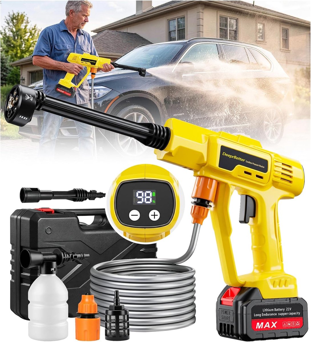 SnelShoppen - Mobiele Hogedrukreiniger 6-in-1 Draadloze Hogedrukreiniger met 5 m Slang voor Auto, Tuin, Terras, Bodemreiniging en Irrigatie