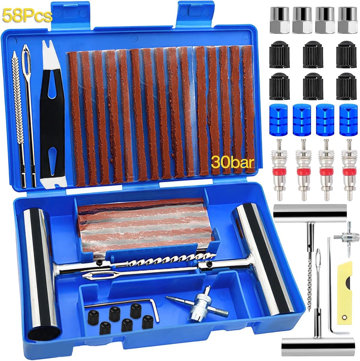 SnelShoppen - Bandenreparatieset 58-delig voor Auto's, Motorfietsen, Vrachtwagens, ATV's - Draagbare Reparatieset voor Elk Type Voertuig