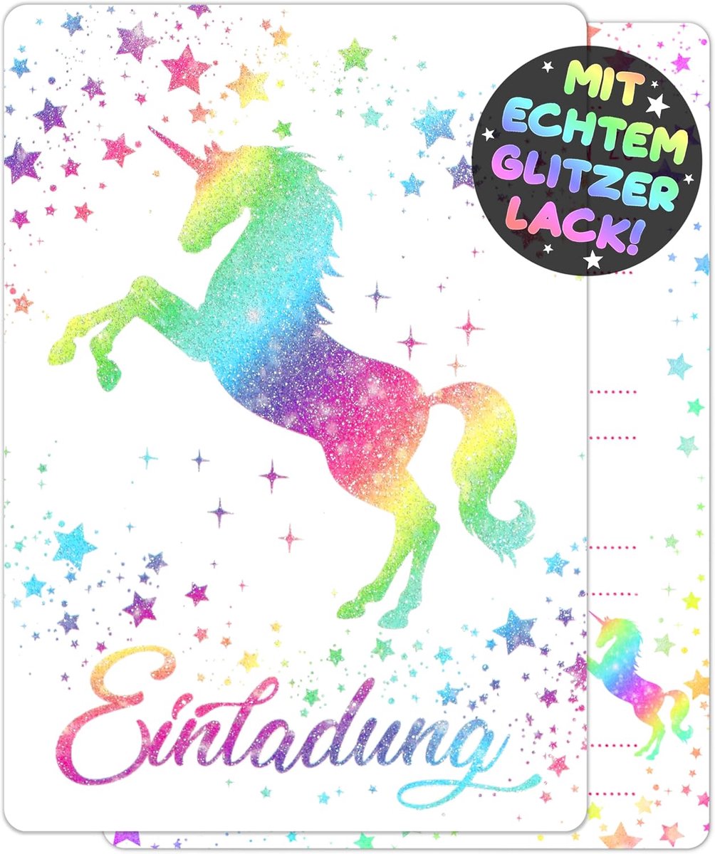 SnelShoppen - 12 x Glitter Eenhoorn Uitnodigingskaarten Kinderen - Kleurrijke Regenboog Party Kaarten voor Verjaardag Meisjes Jongens - DIN A6 Formaat