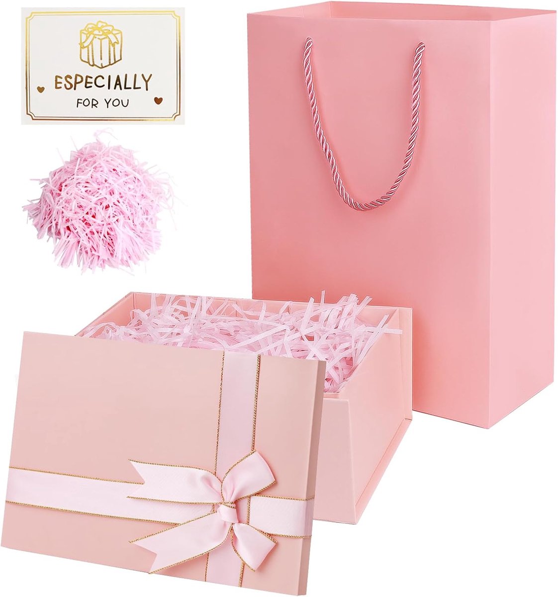 SnelShoppen - Geschenkdoos met Deksel voor Verjaardagen, Rechthoekige Geschenkpakketten met Strik, Geschenkkarton van Raffia met Wenskaarten voor Brui