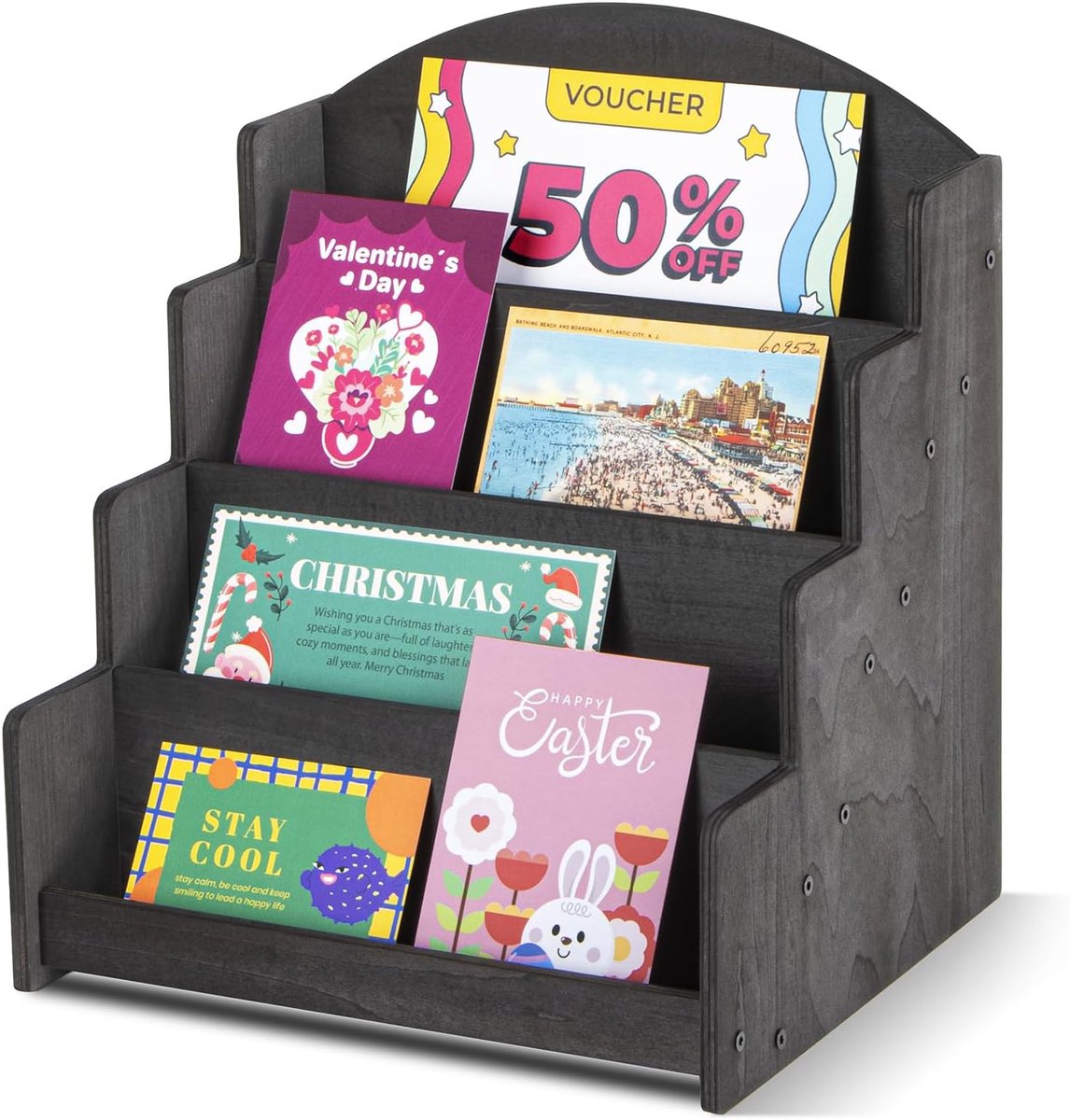 SnelShoppen - Houten Kaartenstandaard voor Ansichtkaarten, Wenskaarten en Postkaarten - Rustieke Bewaarstandaard in Zwart - Perfect voor Feestjes, Thu