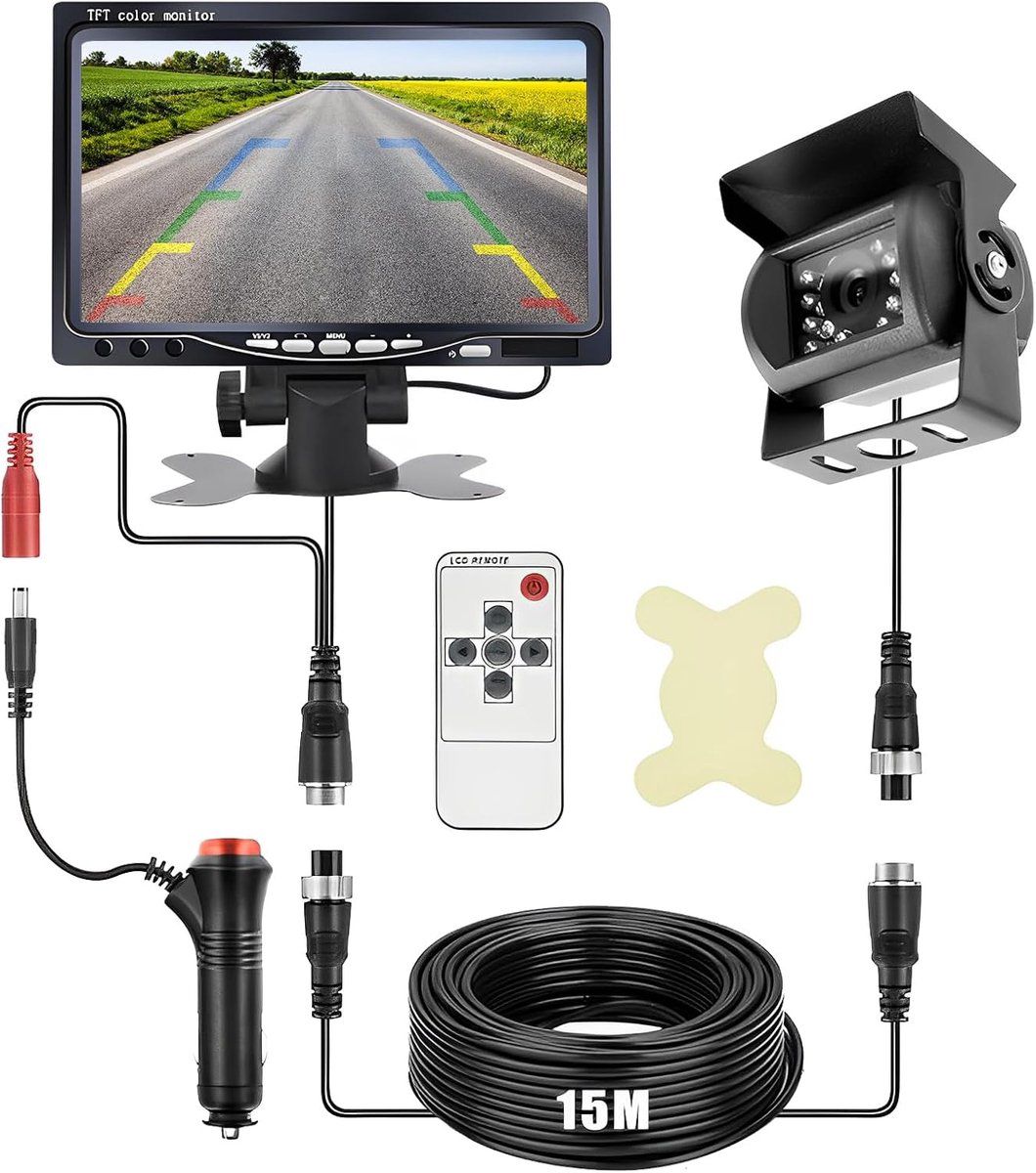 SnelShoppen - Achteruitrijcamera met 7 inch LCD-monitor, IR nachtzicht, waterdichte bekabelde camera met 15 m kabel voor camper, vrachtwagens en aanha