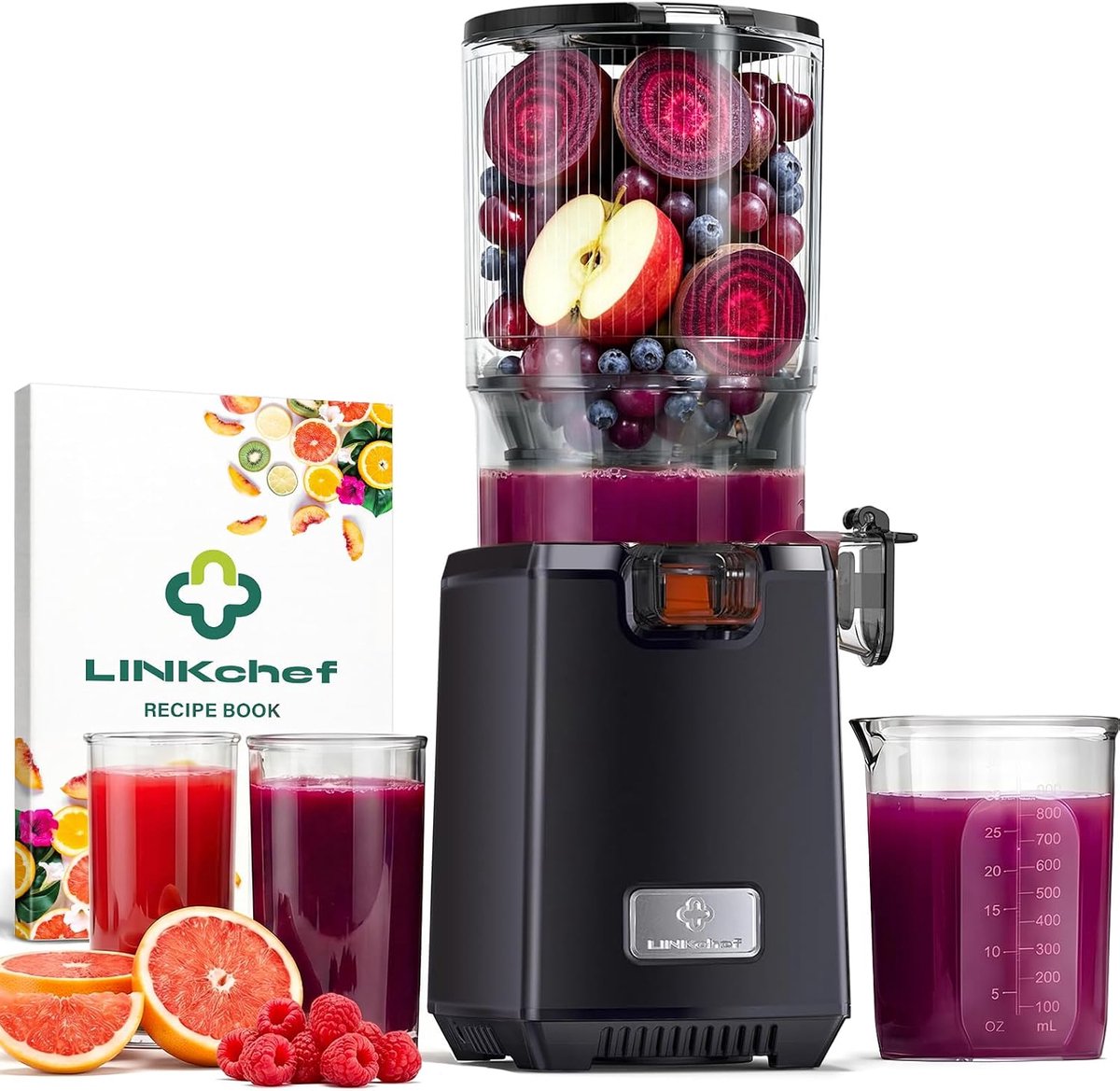 SnelShoppen - LINKChef Slowjuicer 250W Koudpers Sapcentrifuge voor Groente en Fruit, 13 cm Vulopening, 1,8 L Sapreservoir, BPA-vrij, Eenvoudig te Rein